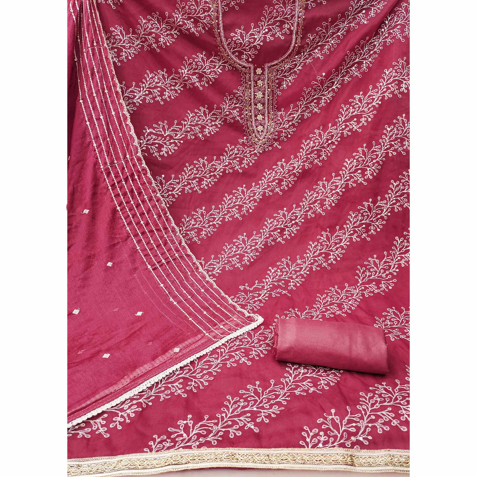 Pink Sequins Embroidery With Handwork Organza Dress Material