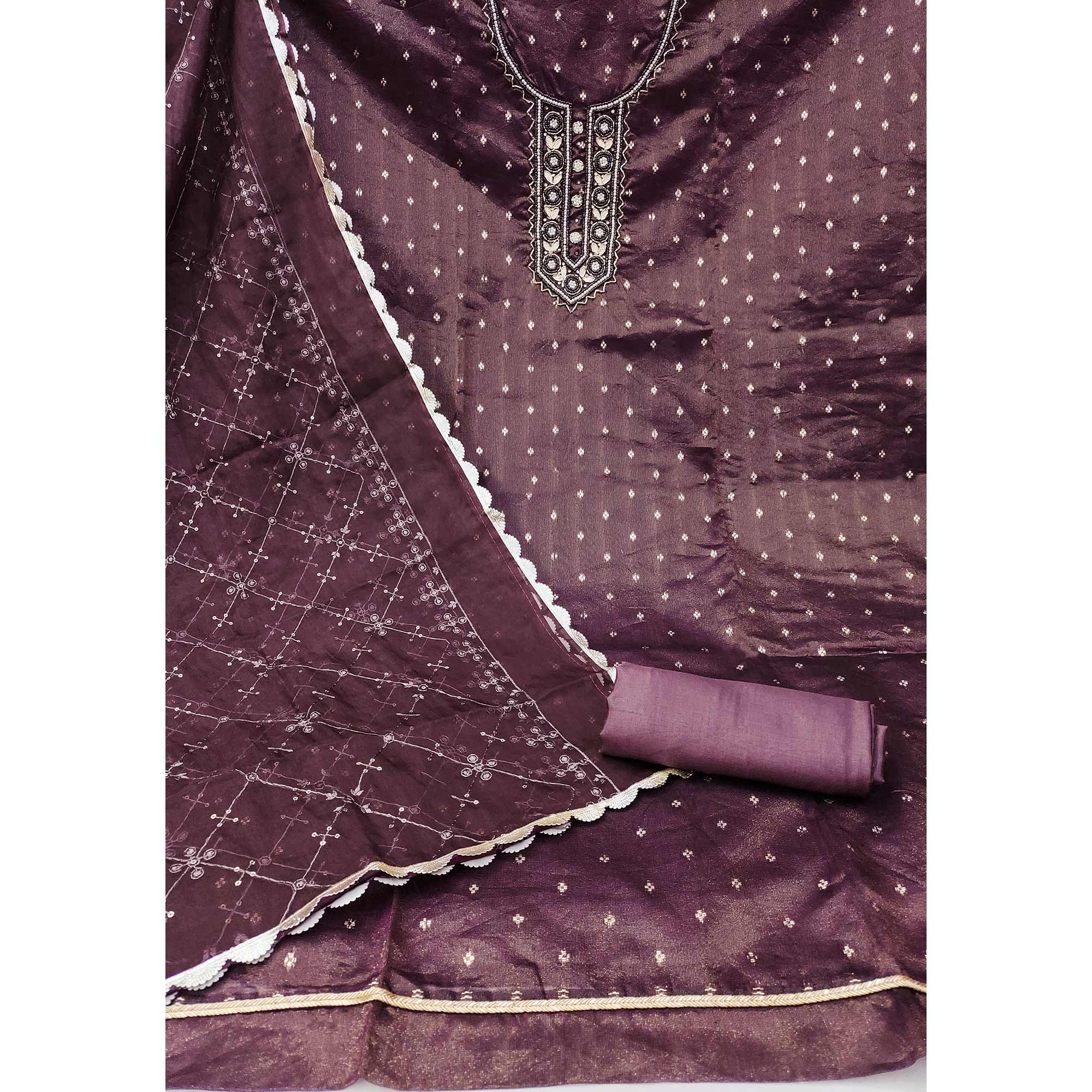 Wine Woven With Handwork Organza Dress Material