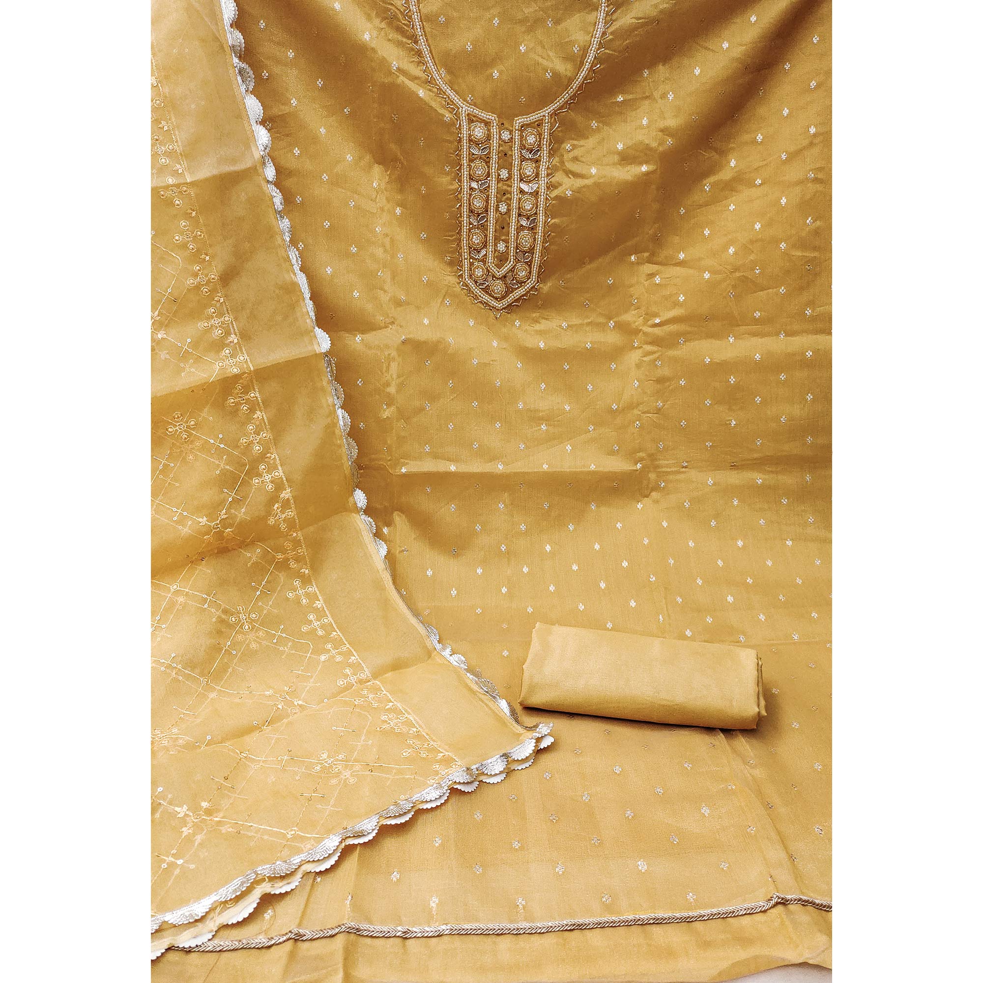 Yellow Woven With Handwork Organza Dress Material