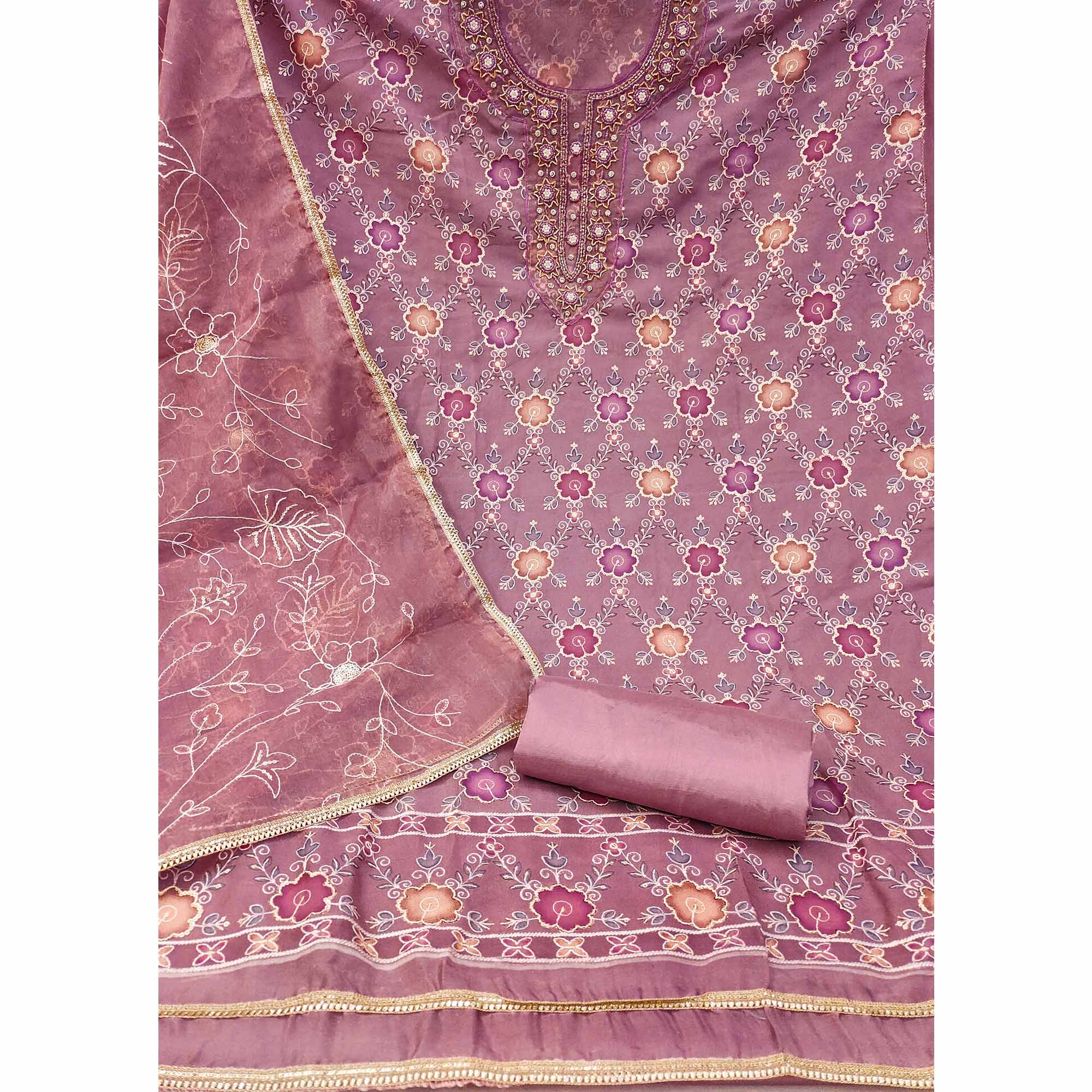 Purple Digital Printed With Hand Embroidered Organza Dress Material