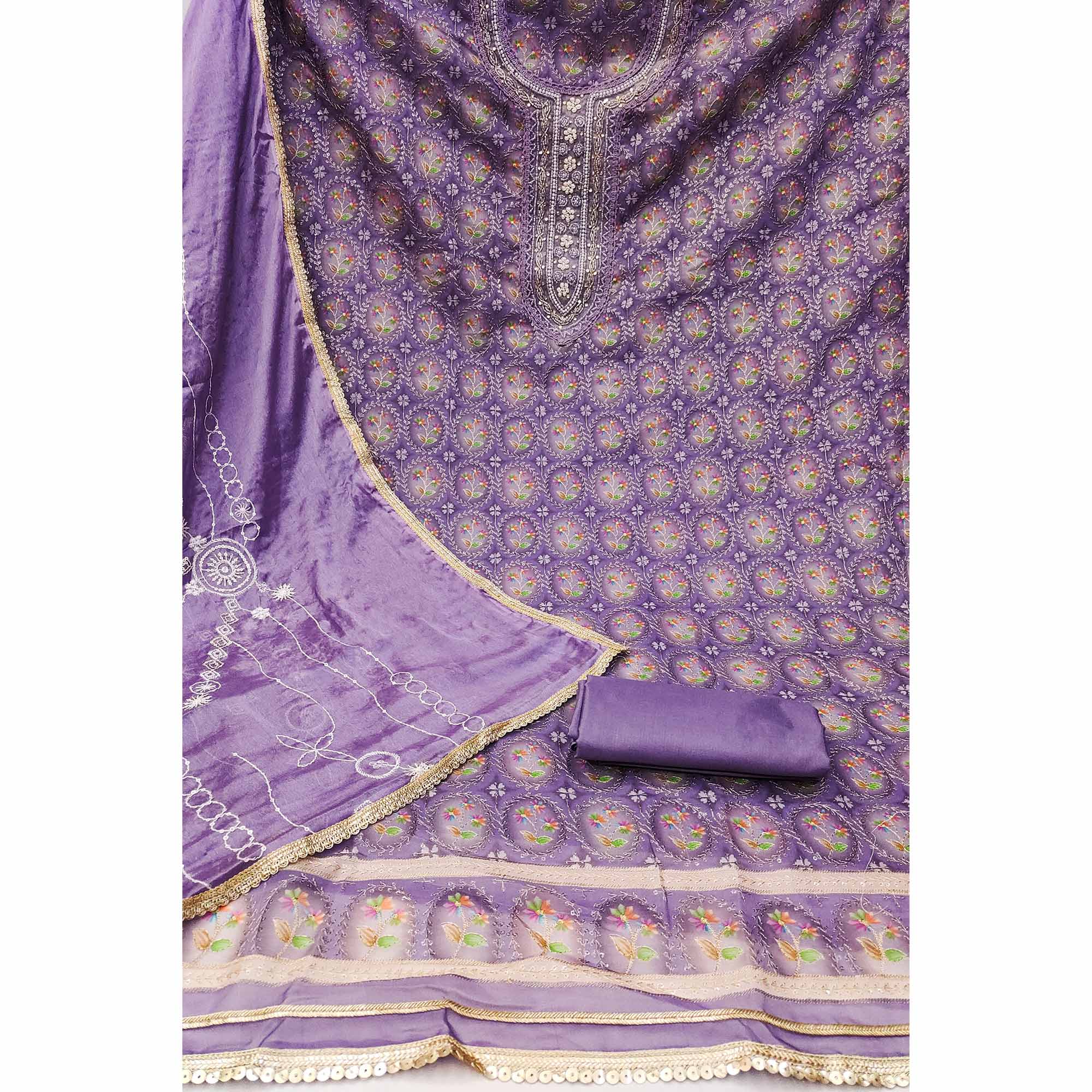 Purple Sequins Embroidery With Handwork Organza Dress Material