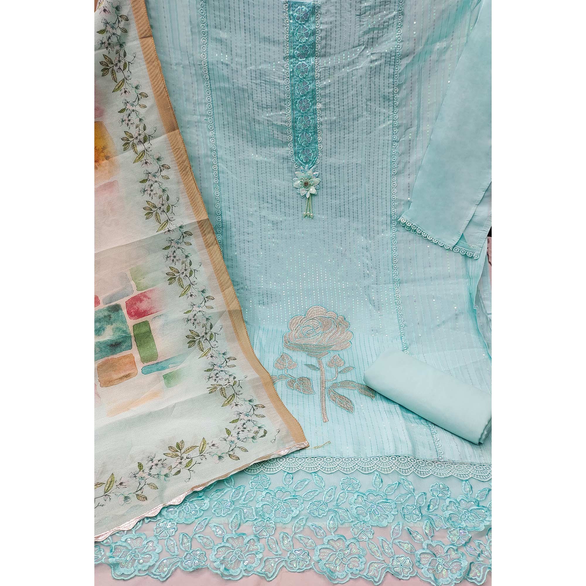 Blue Floral Sequin Embroidered Cotton Silk Dress Material