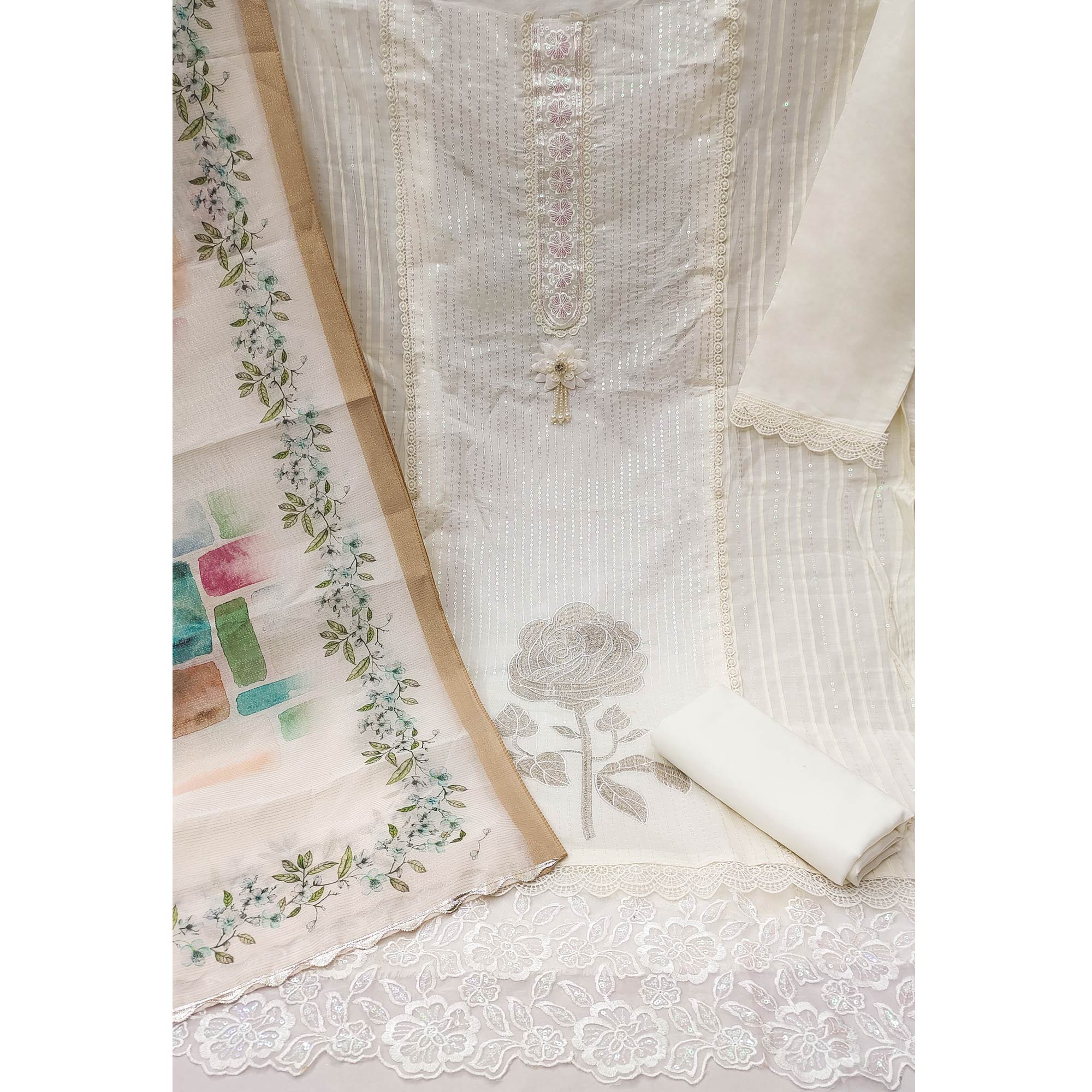 Offwhite Floral Sequins Embroidered Cotton Silk Dress Material