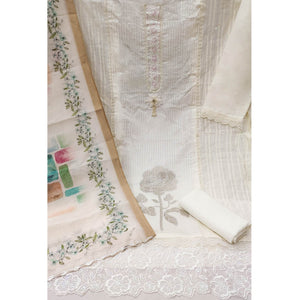 Offwhite Floral Sequins Embroidered Cotton Silk Dress Material