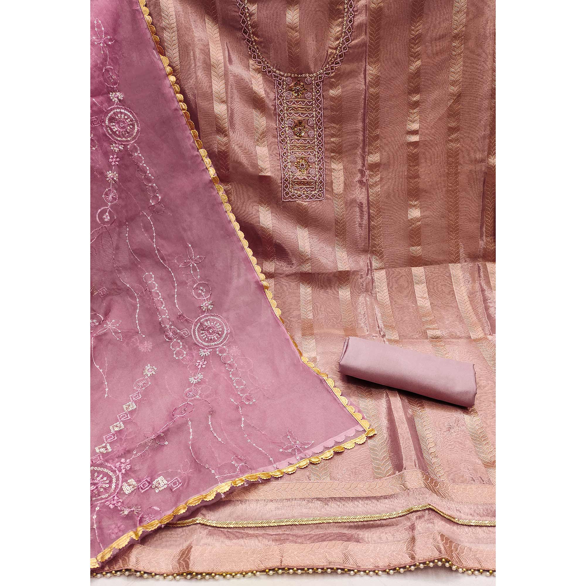 Mauve Sequins Hand Embroidery Organza Dress Material