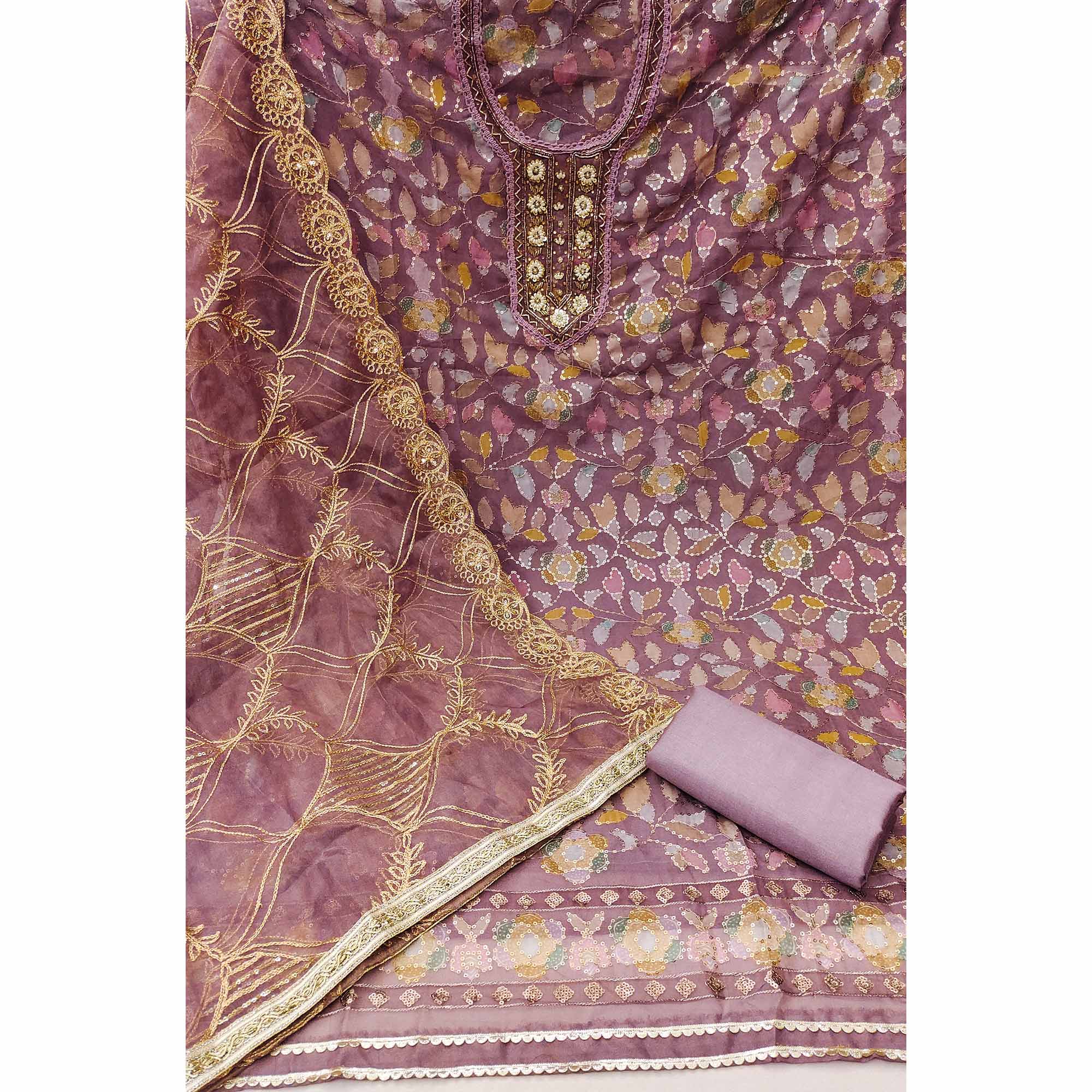 Mauve Floral Sequins Embroidery Organza Dress Material