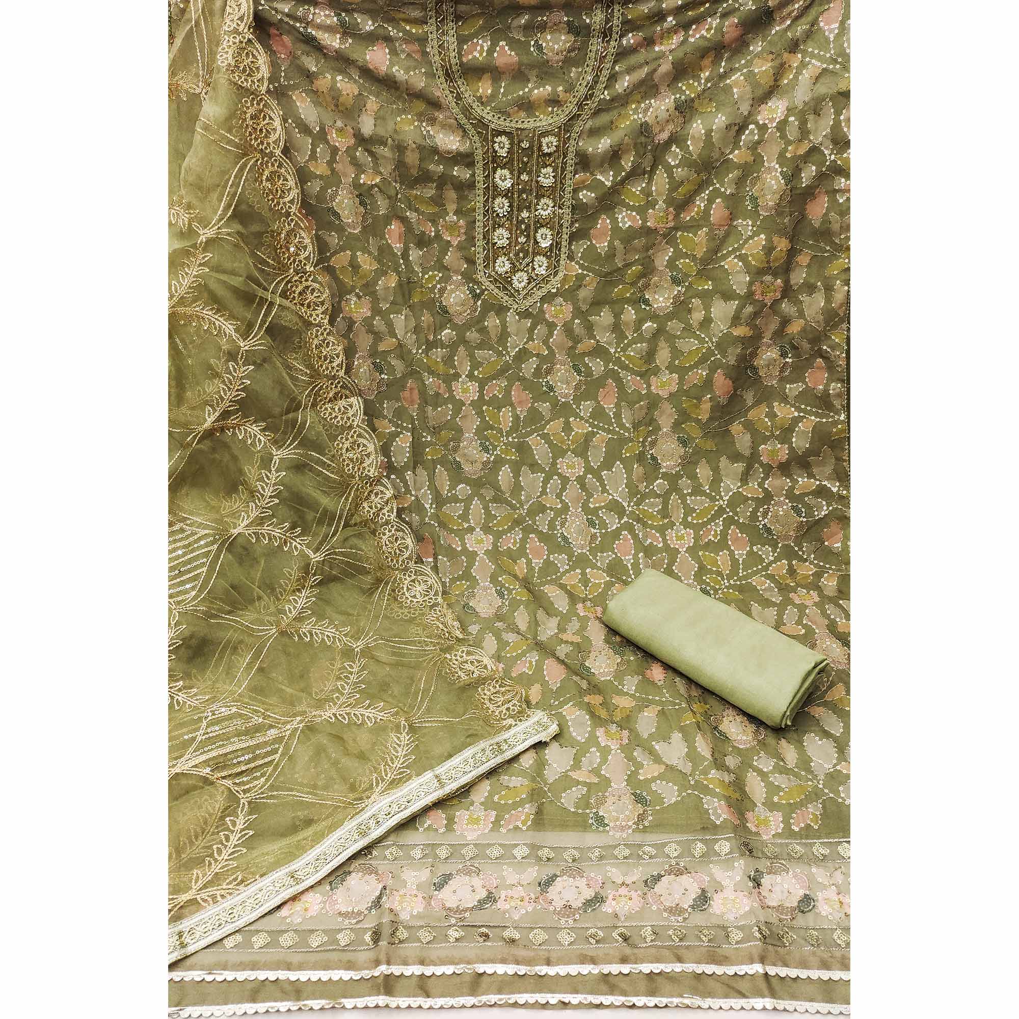 Mehendi Green Floral Sequins Embroidery Organza Dress Material