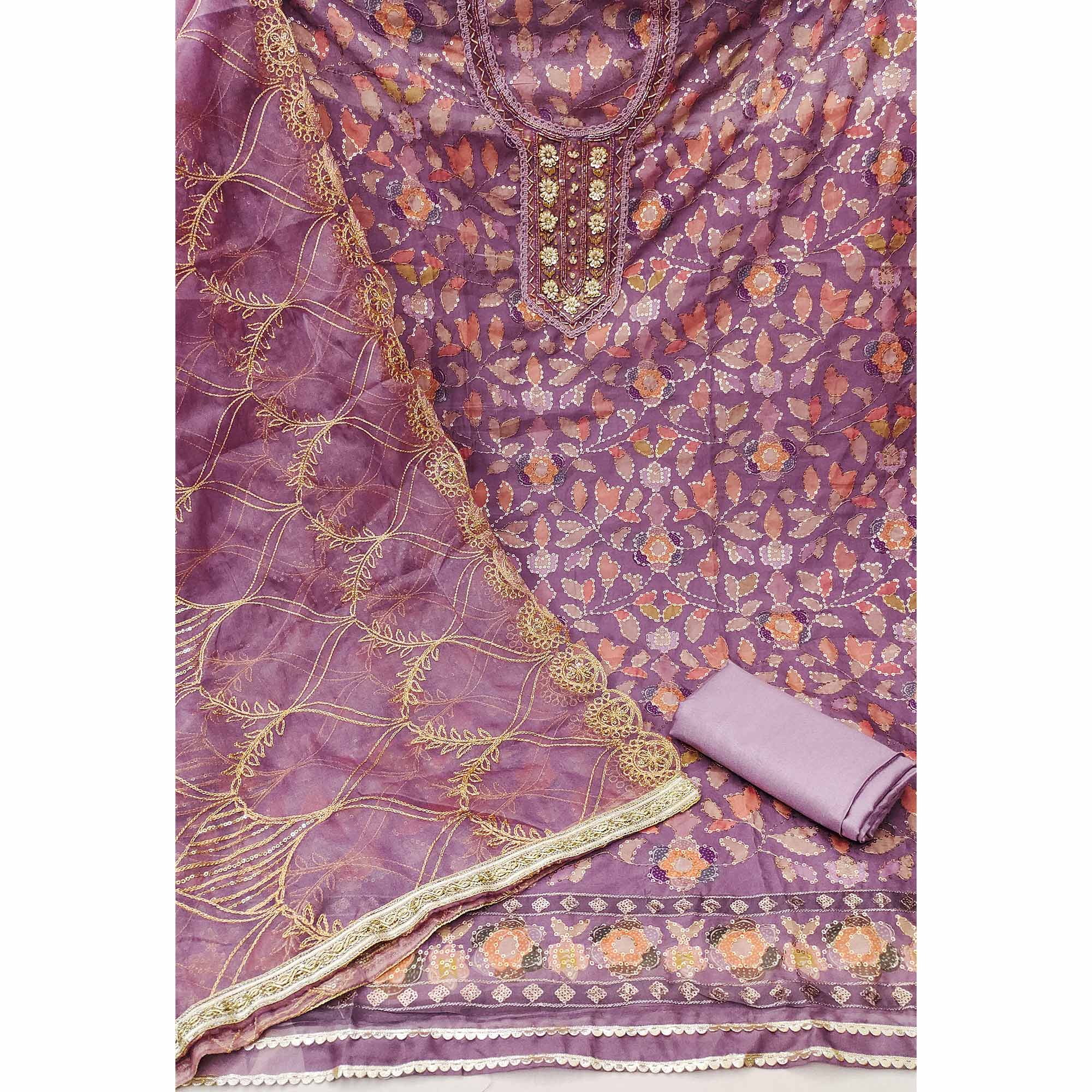 Purple Floral Sequins Embroidery Organza Dress Material