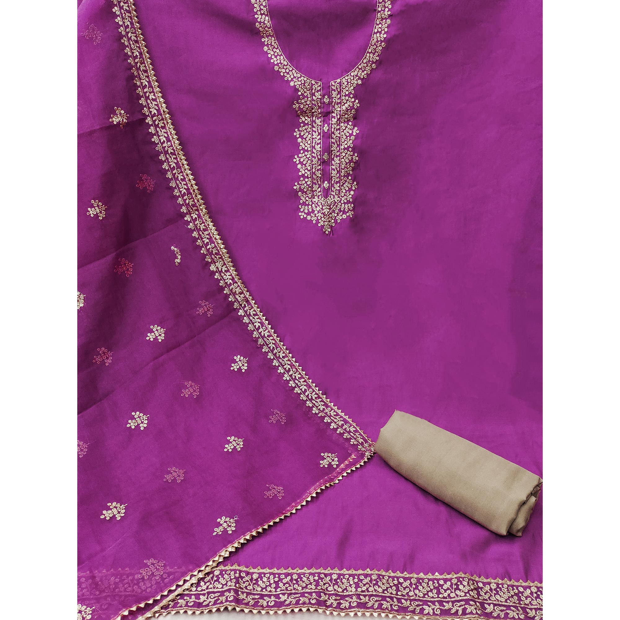 Purple Sequins Embroidered Cotton Silk Dress Material