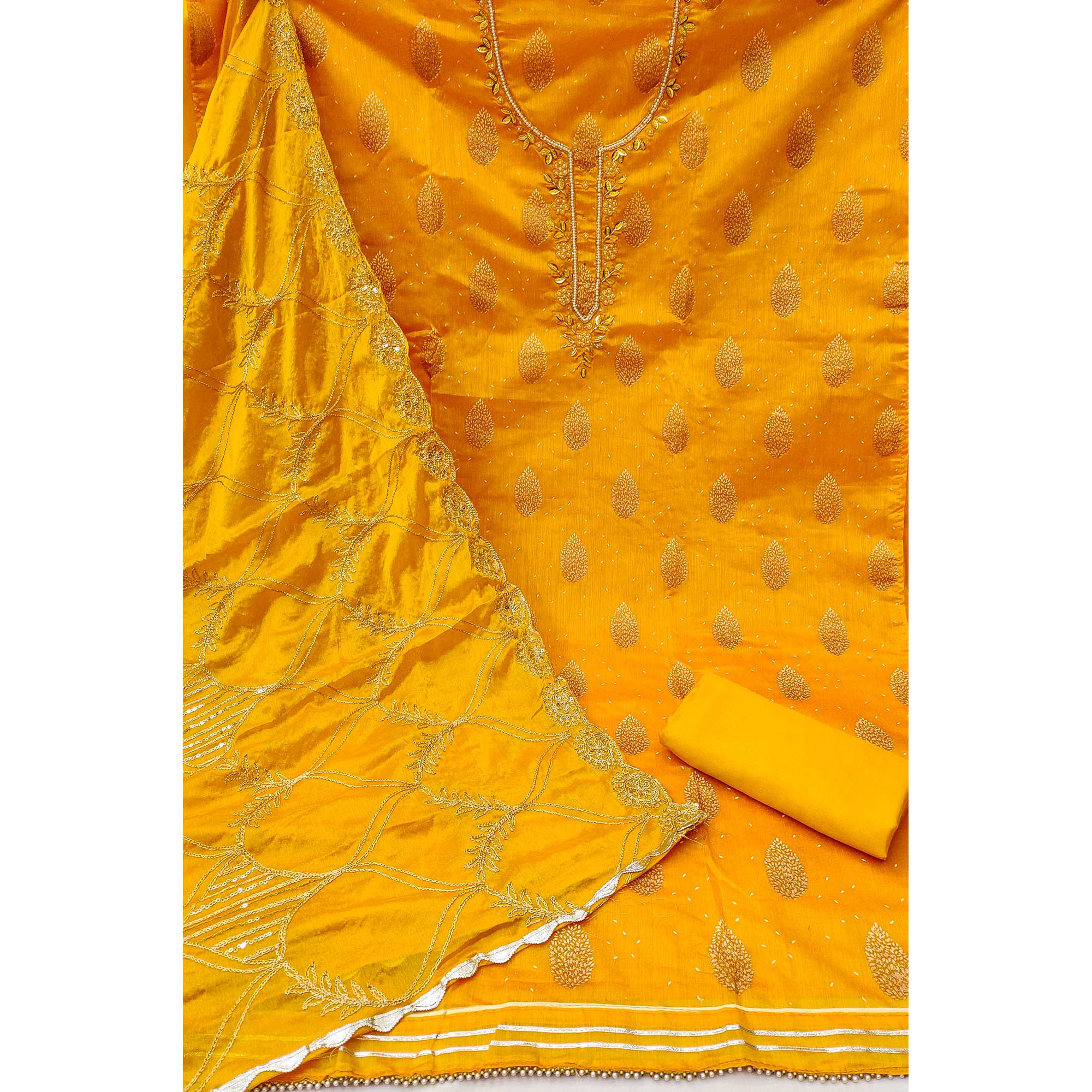 Yellow Printed With Hand Embroidered Chanderi Silk Dress Material