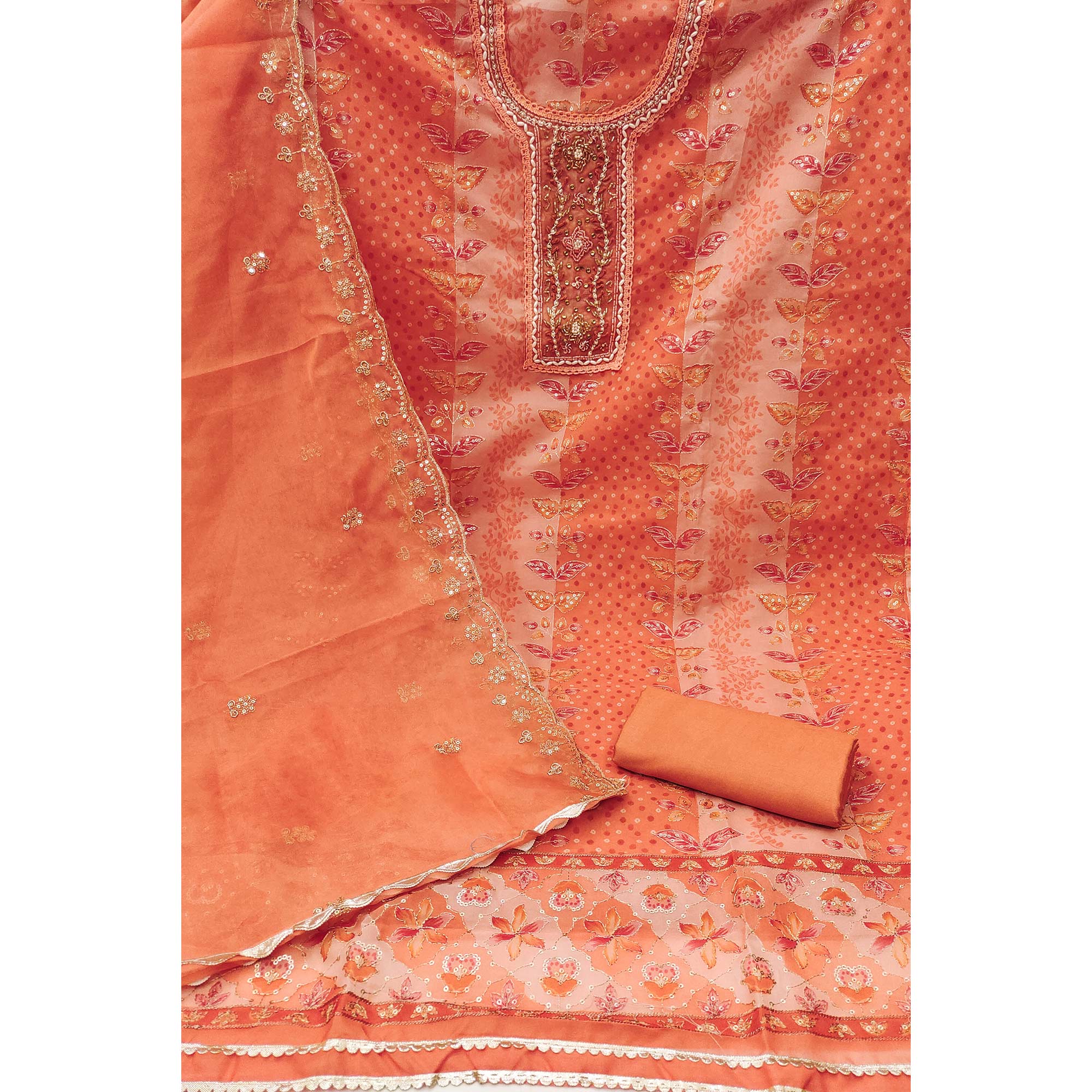 Orange Floral Sequins Embroidery With Printed Organza Dress Material