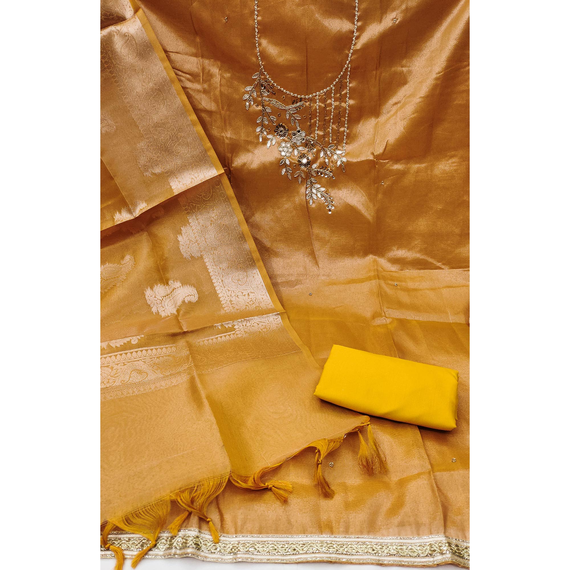 Mustard Floral Moti With Gota Patti Handwork Viscose Dress Material