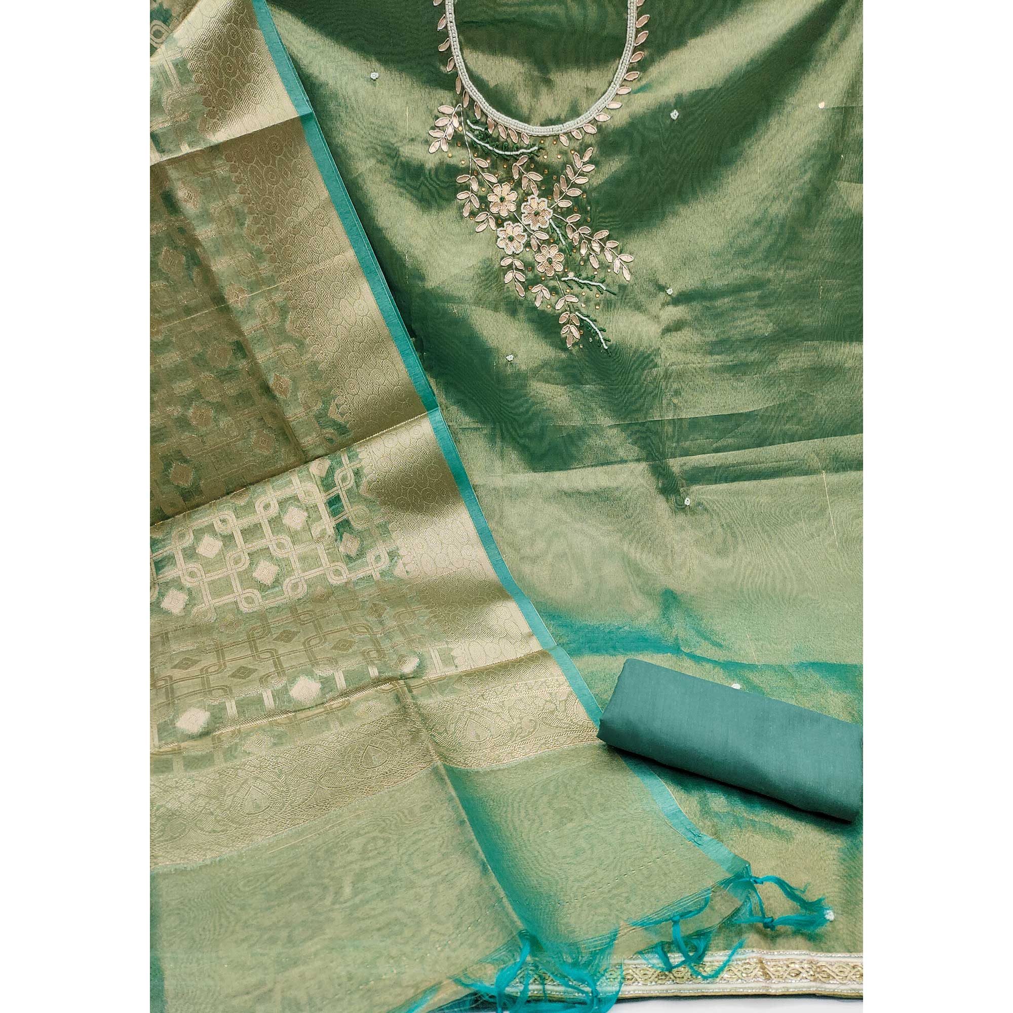 Rama Green Floral Moti With Gota Patti Handwork Viscose Dress Material