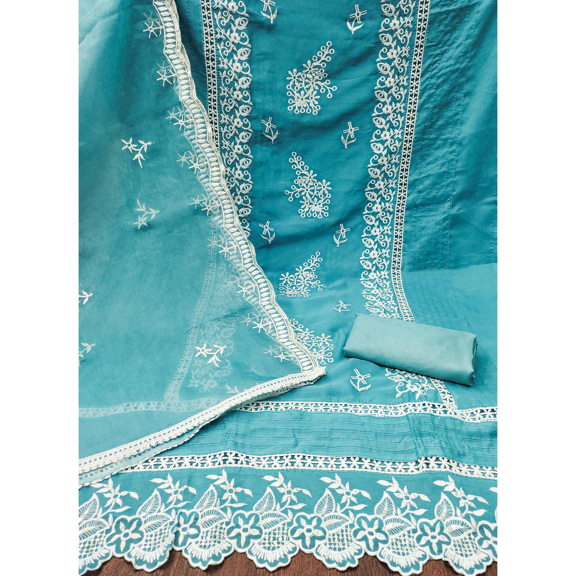 Blue Floral Sequins Embroidered Organza Dress Material