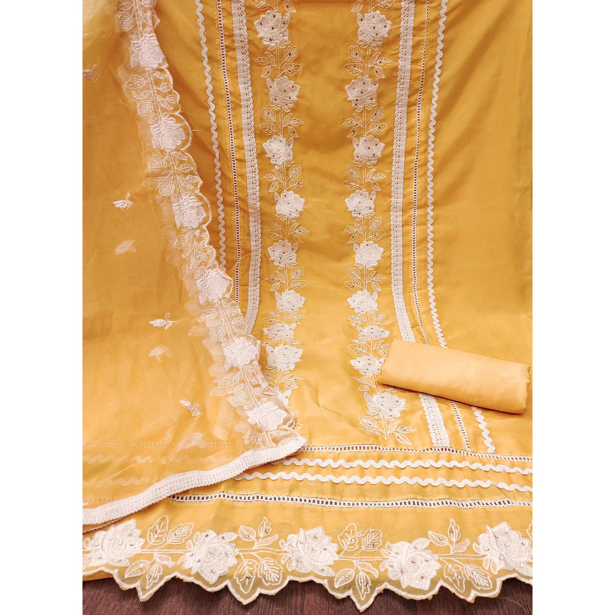 Yellow Floral Embroidery With Stonework Organza Dress Material