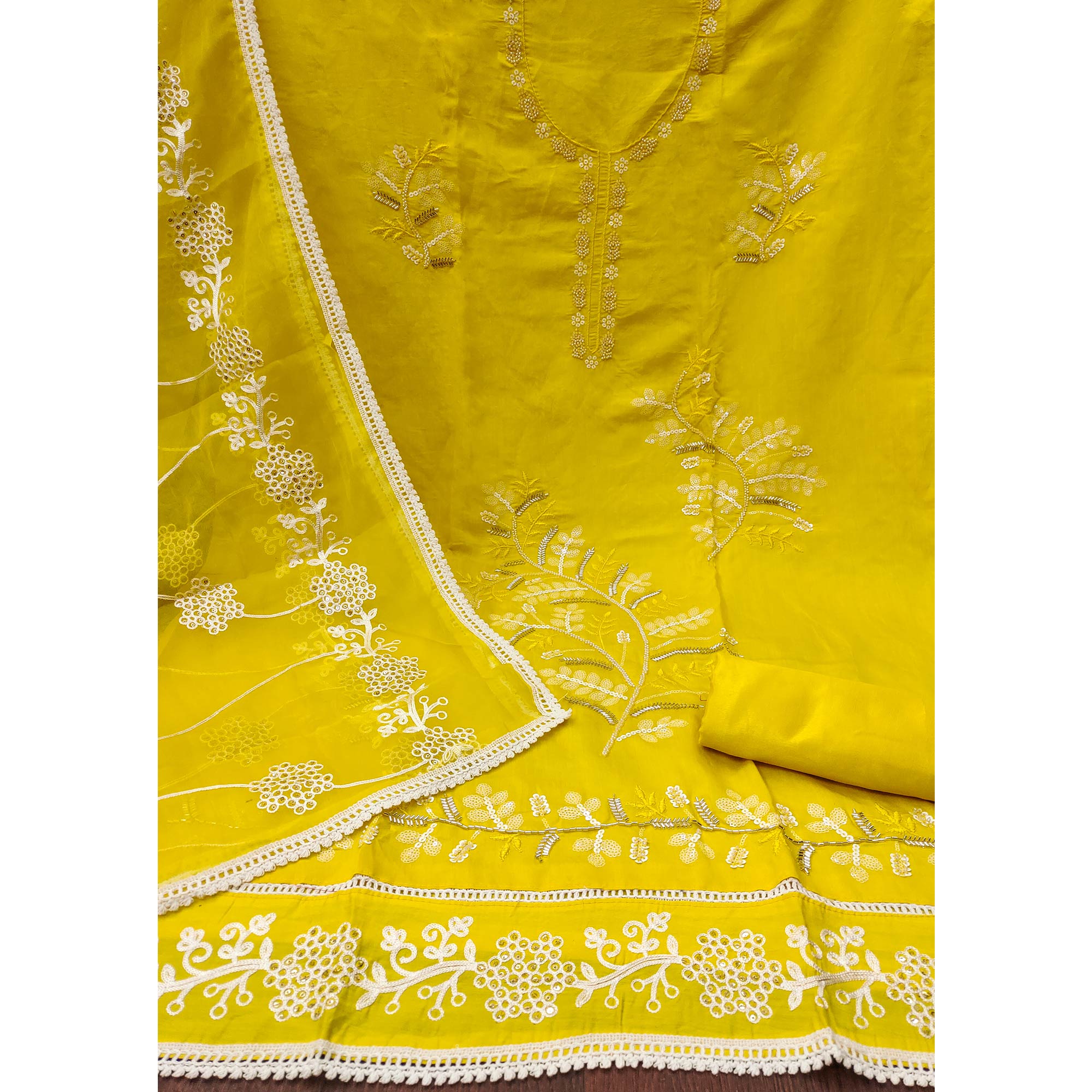 Yellow Floral Sequins Embroidery With Handwork Cotton Silk Dress Material