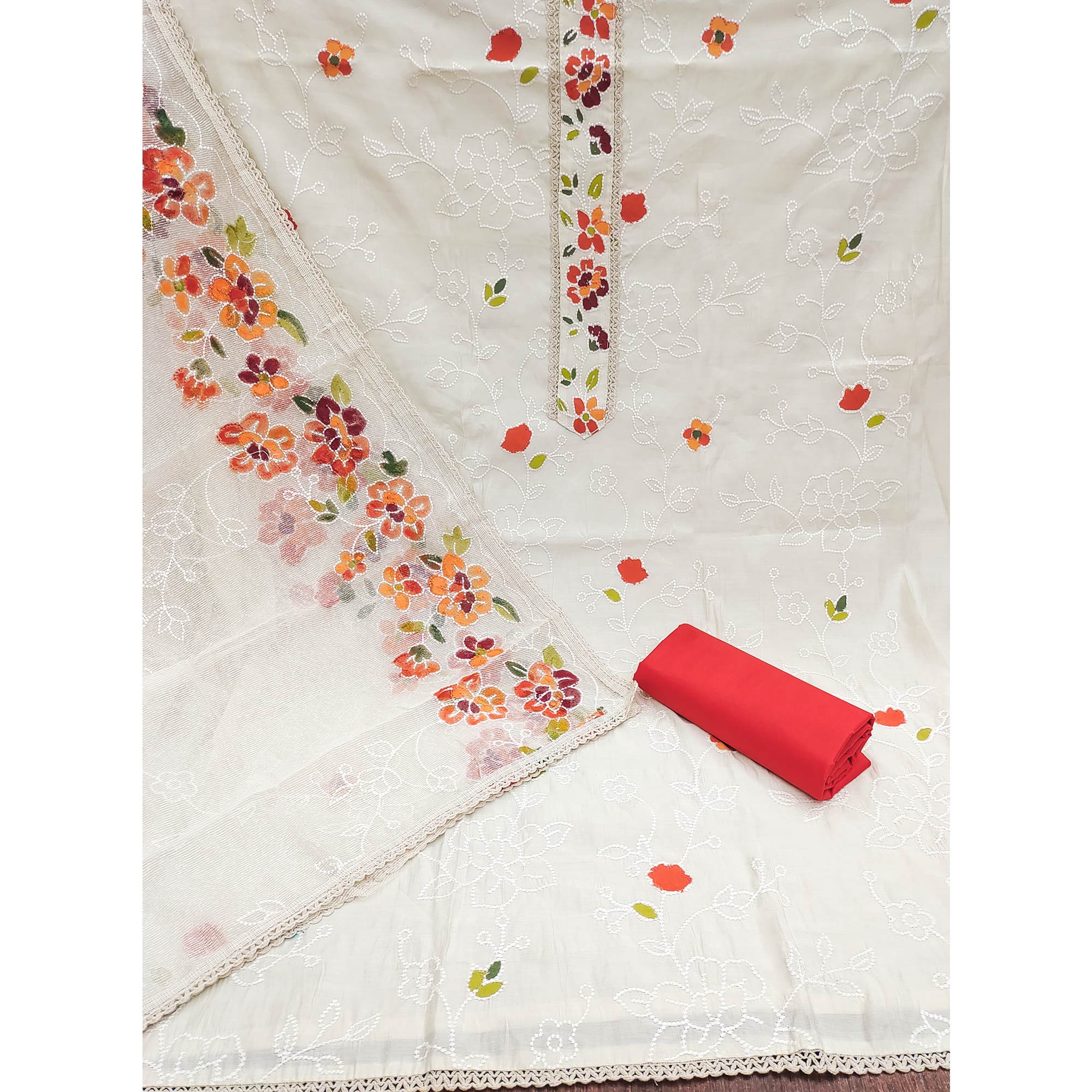 Offwhite & Orange Floral Embroidery With Printed Roman Cotton Silk Material Material