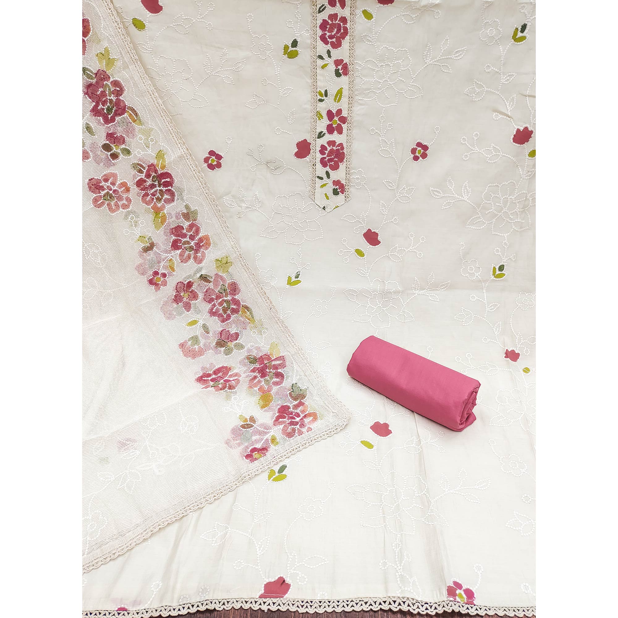 Offwhite & Pink Floral Embroidery With Printed Roman Cotton Silk Material Material