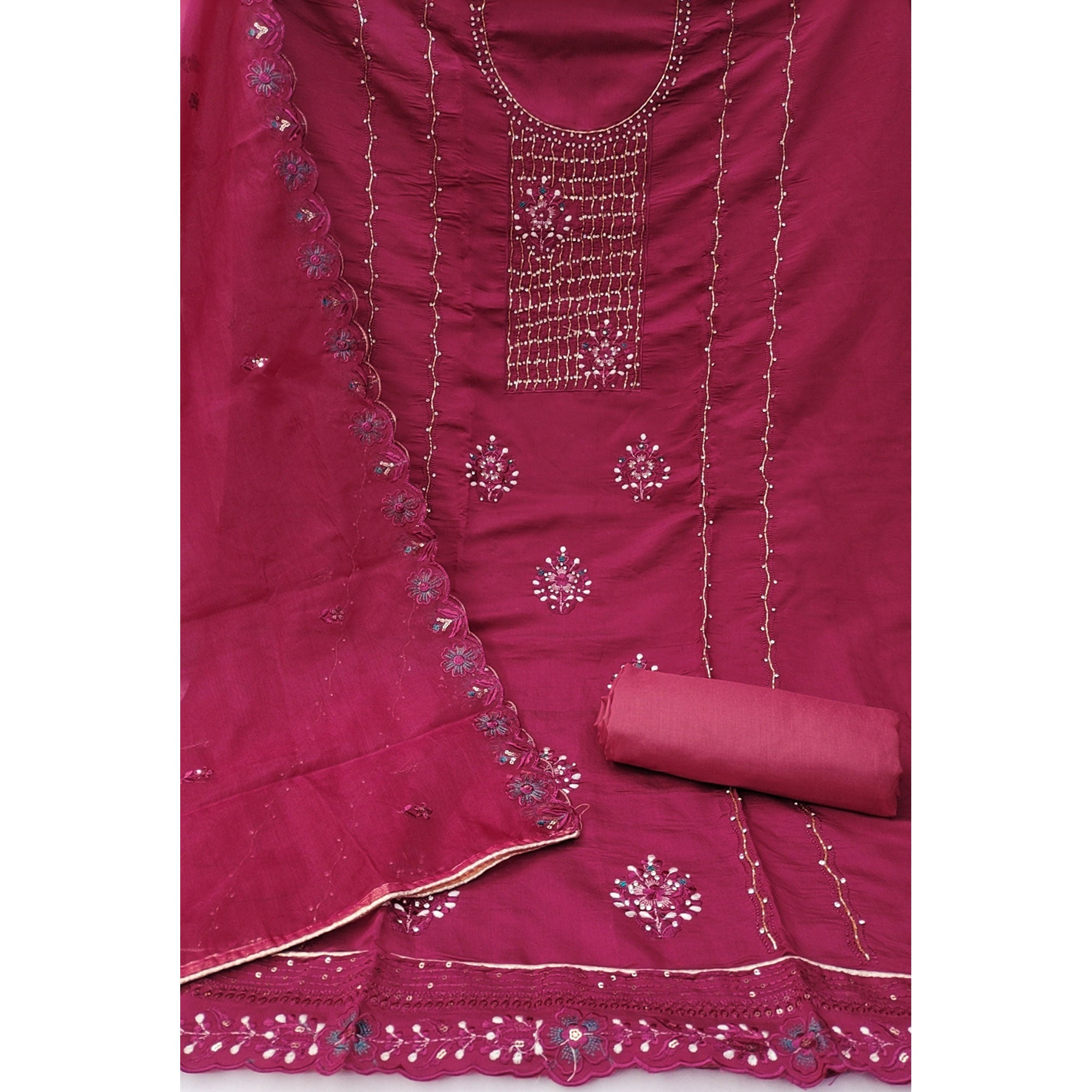 Magenta Floral Embroidery With Stonework Cotton Silk Dress Material