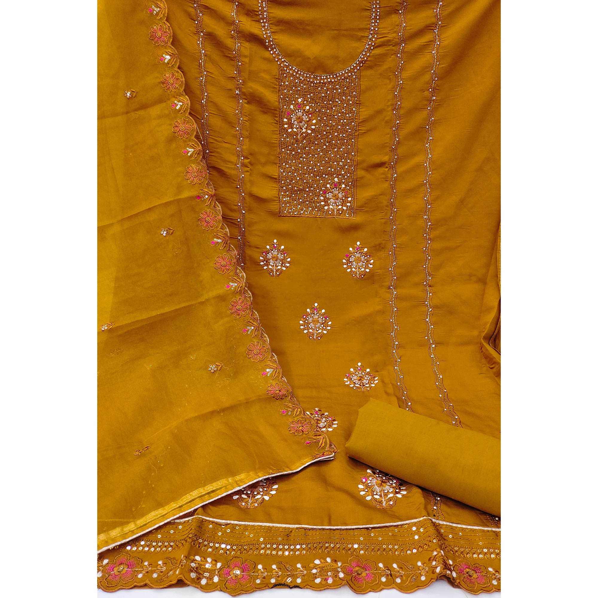Mustard Floral Embroidery With Stonework Cotton Silk Dress Material