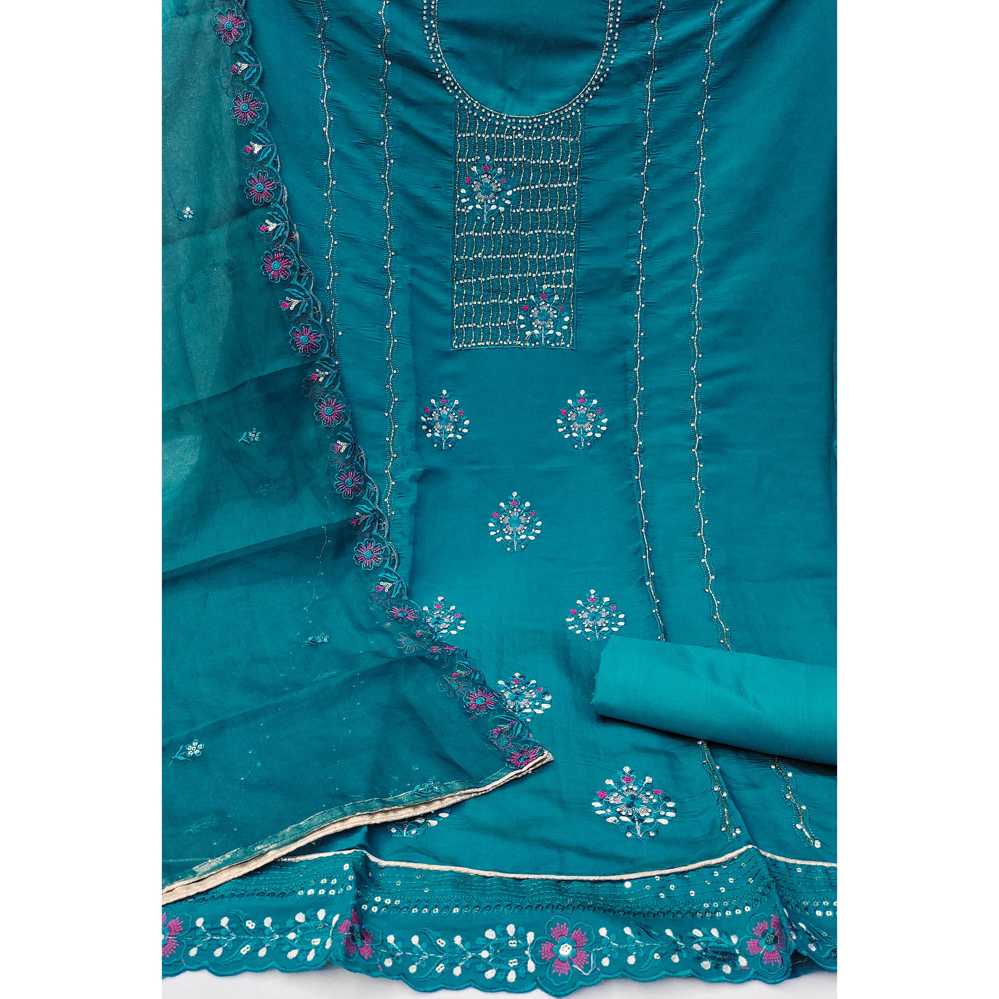 Teal Floral Embroidery With Stonework Cotton Silk Dress Material