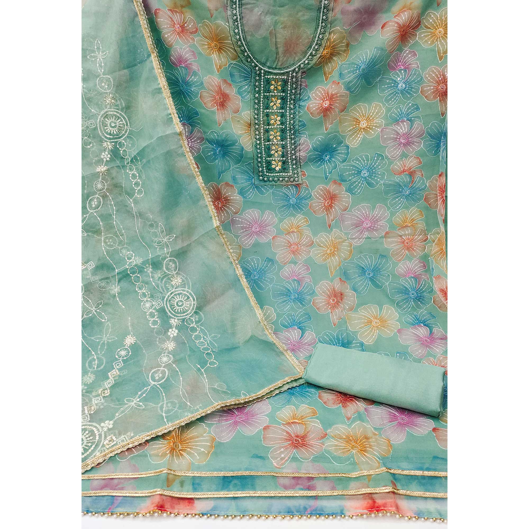 Turquoise Floral Sequins Embroidery With Handwork Organza Dress Material
