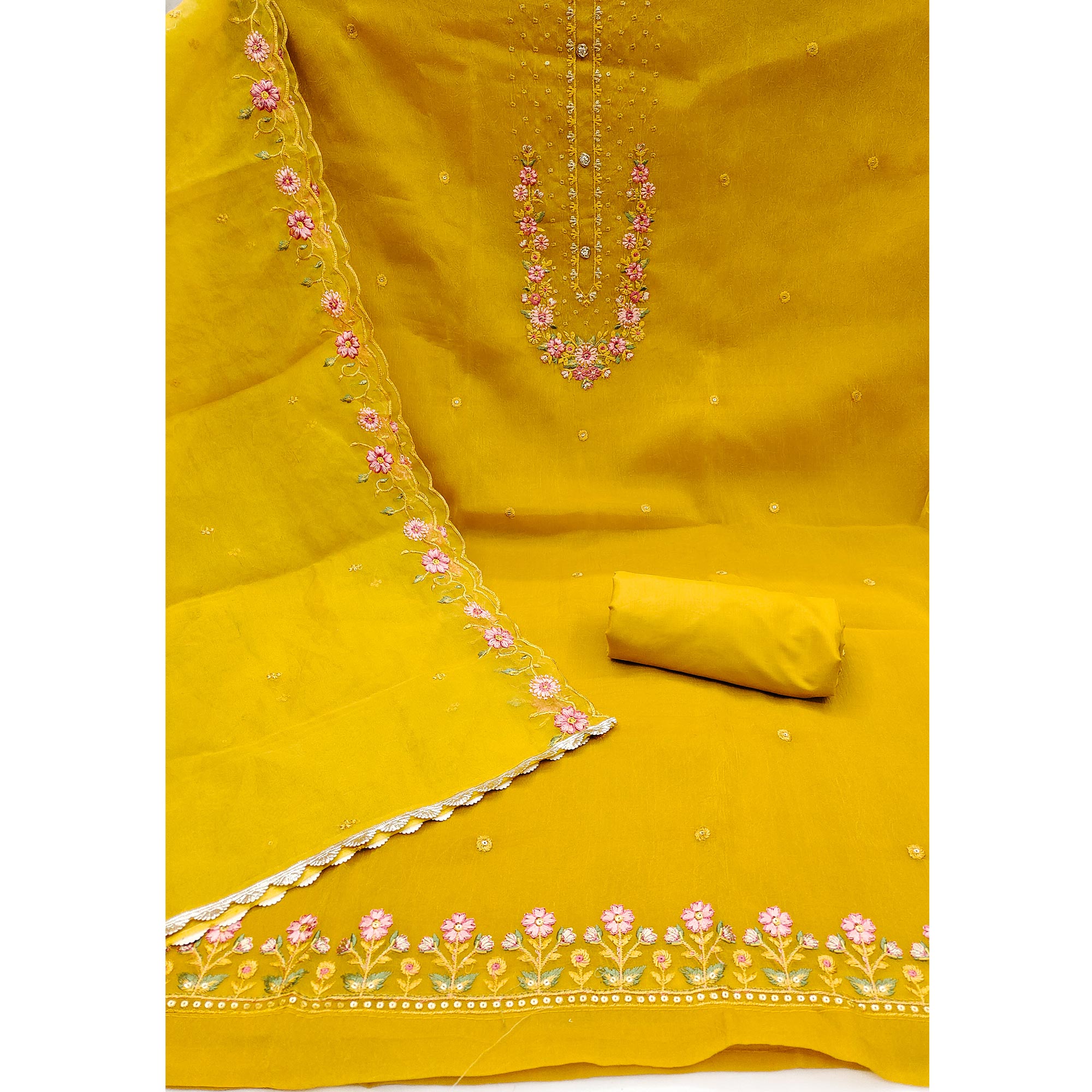 Mustard Floral Sequins Embroidered Viscose Dress Material