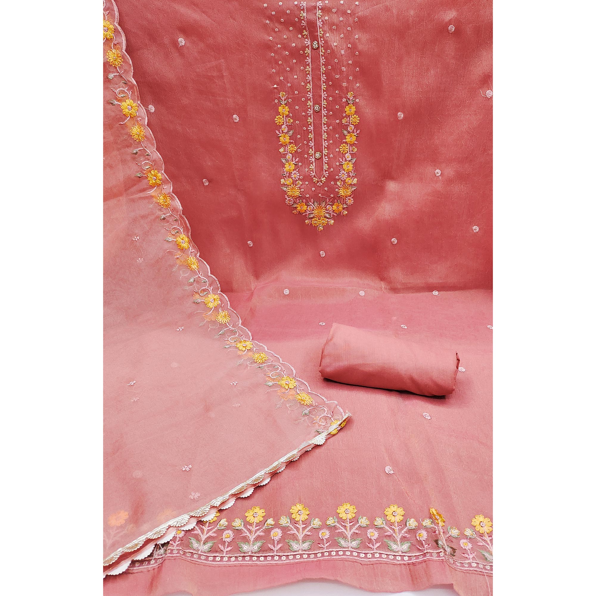 Peach Floral Sequins Embroidered Viscose Dress Material