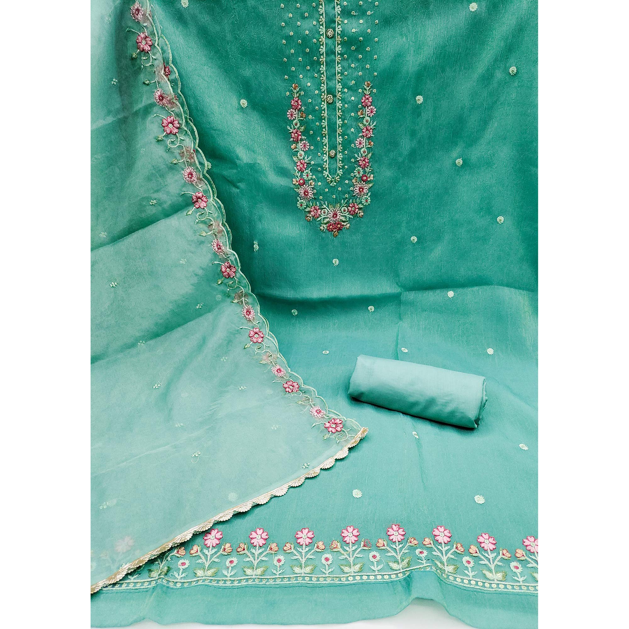 Turquoise Floral Sequins Embroidered Viscose Dress Material