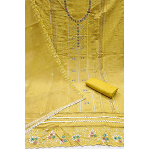 Yellow Floral Embroidery With Stonework Roman Cotton Silk Dress Material