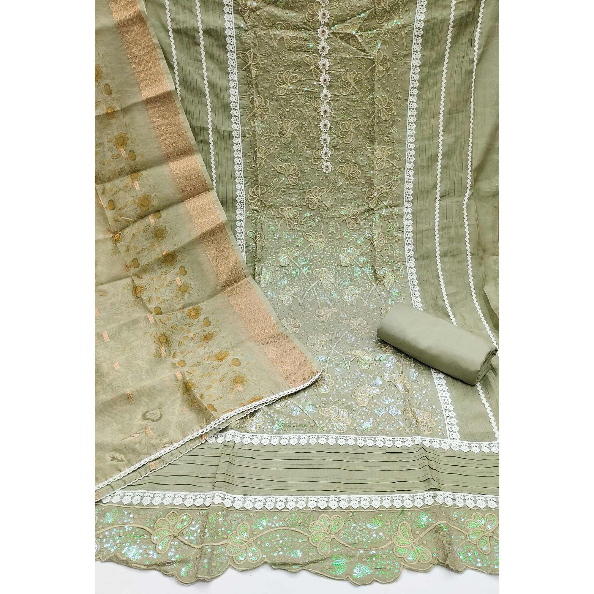Green Floral Sequins Embroidery Cotton Roman Silk Dress Material