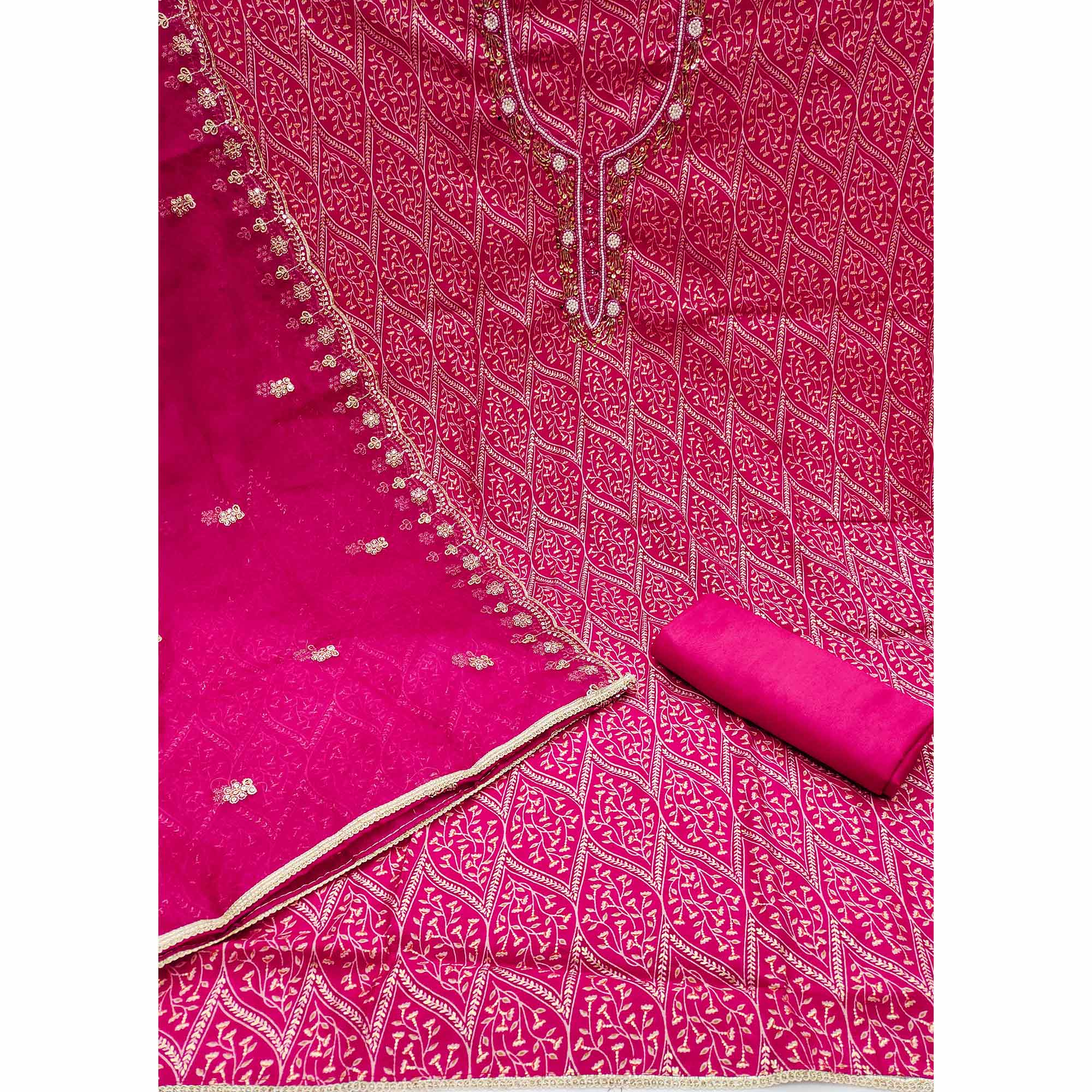Rani Pink Foil Printed With Handwork Cotton Roman Silk Dress Material