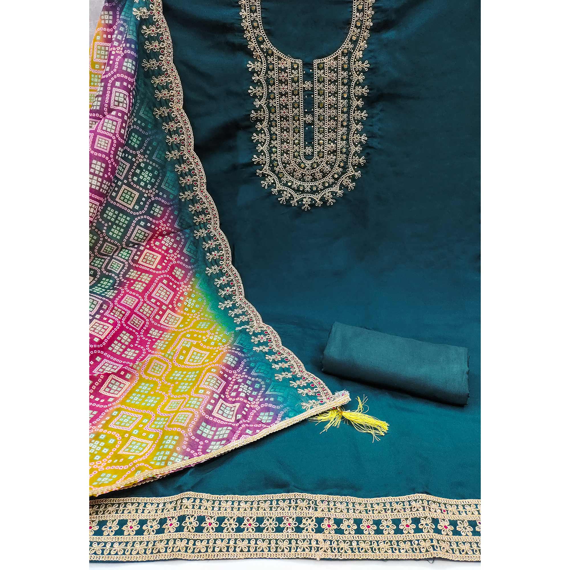 Morpich Floral Embroidery With Stonework Roman Cotton Silk Dress Material