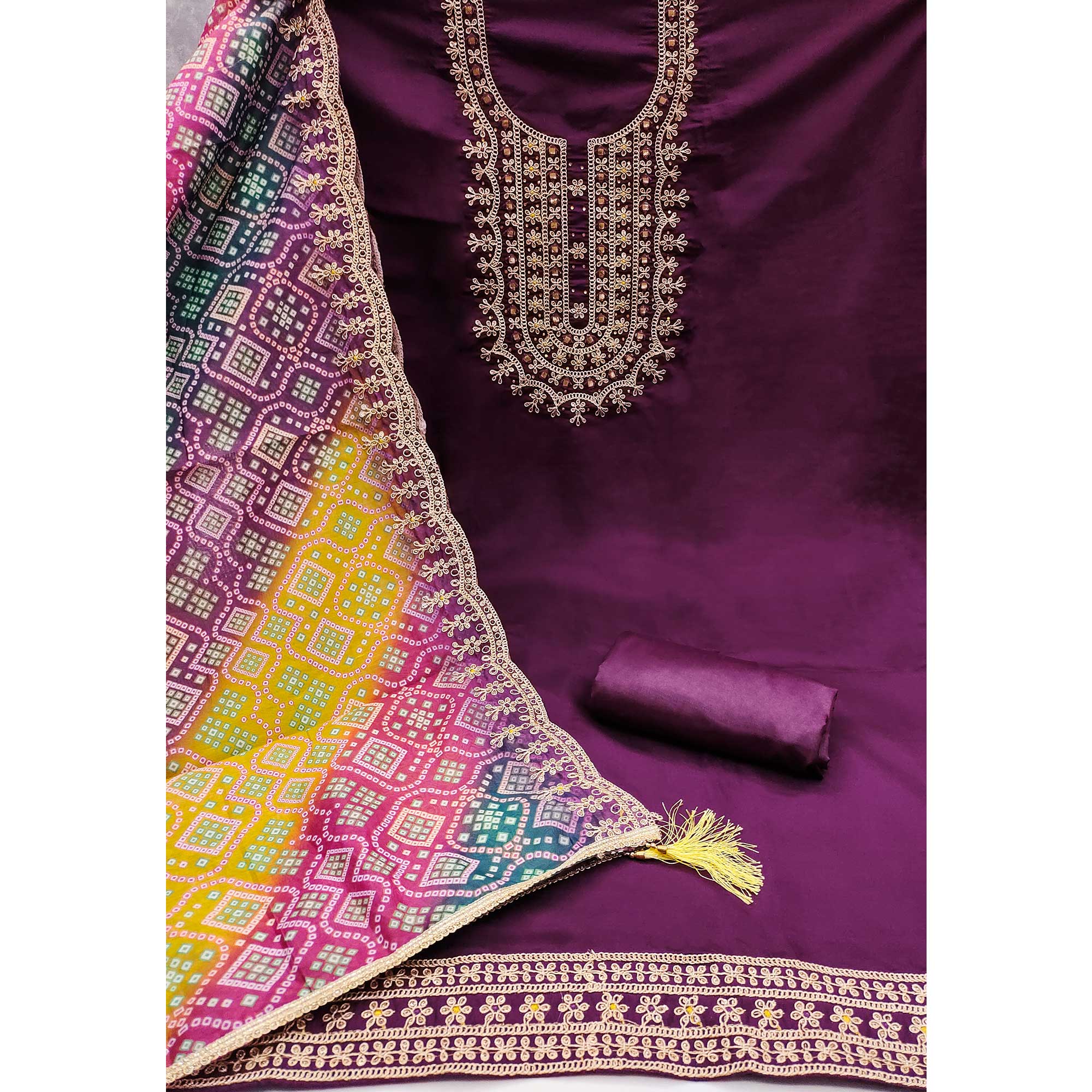 Wine Floral Embroidery With Stonework Roman Cotton Silk Dress Material