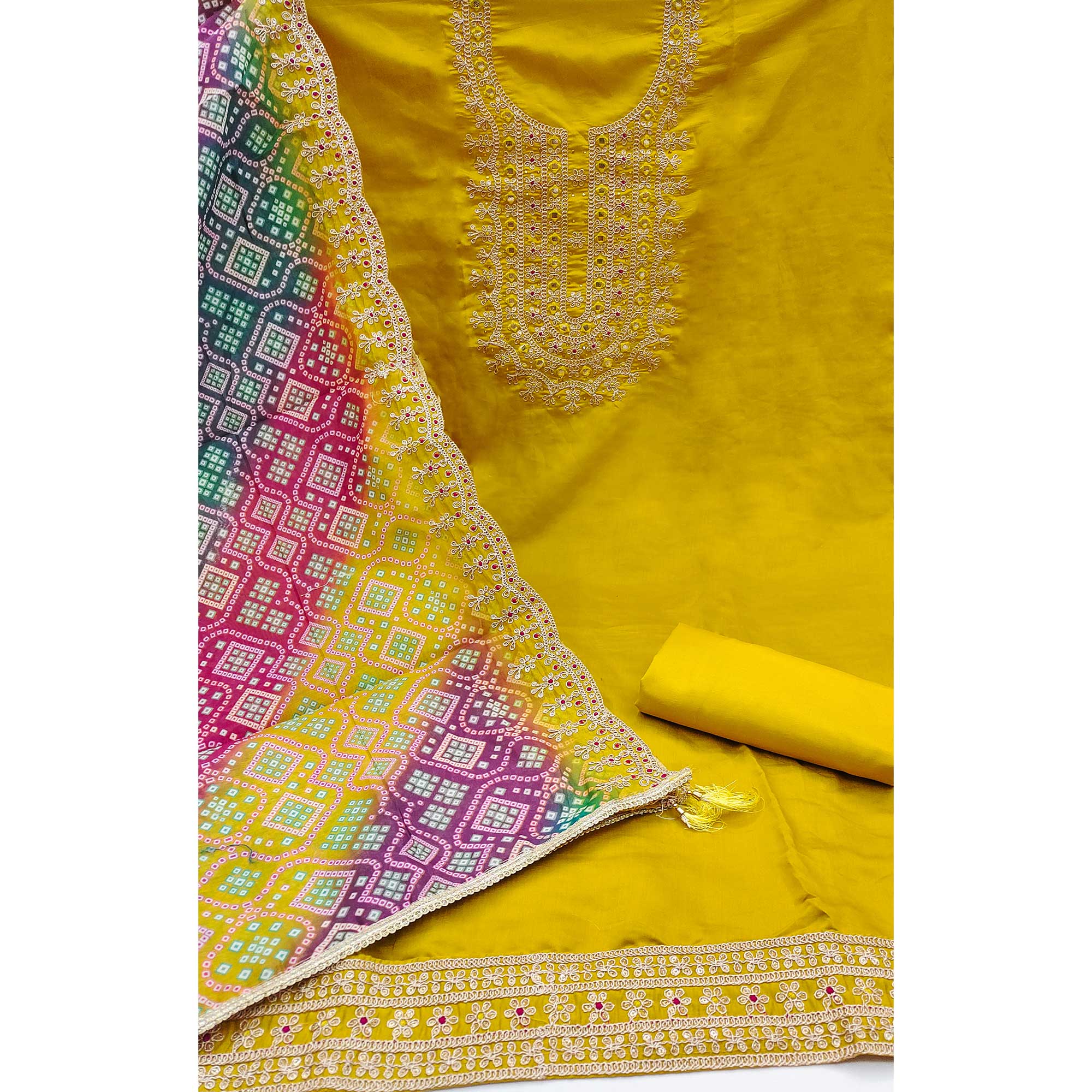 Yellow Floral Embroidery With Stonework Roman Cotton Silk Dress Material