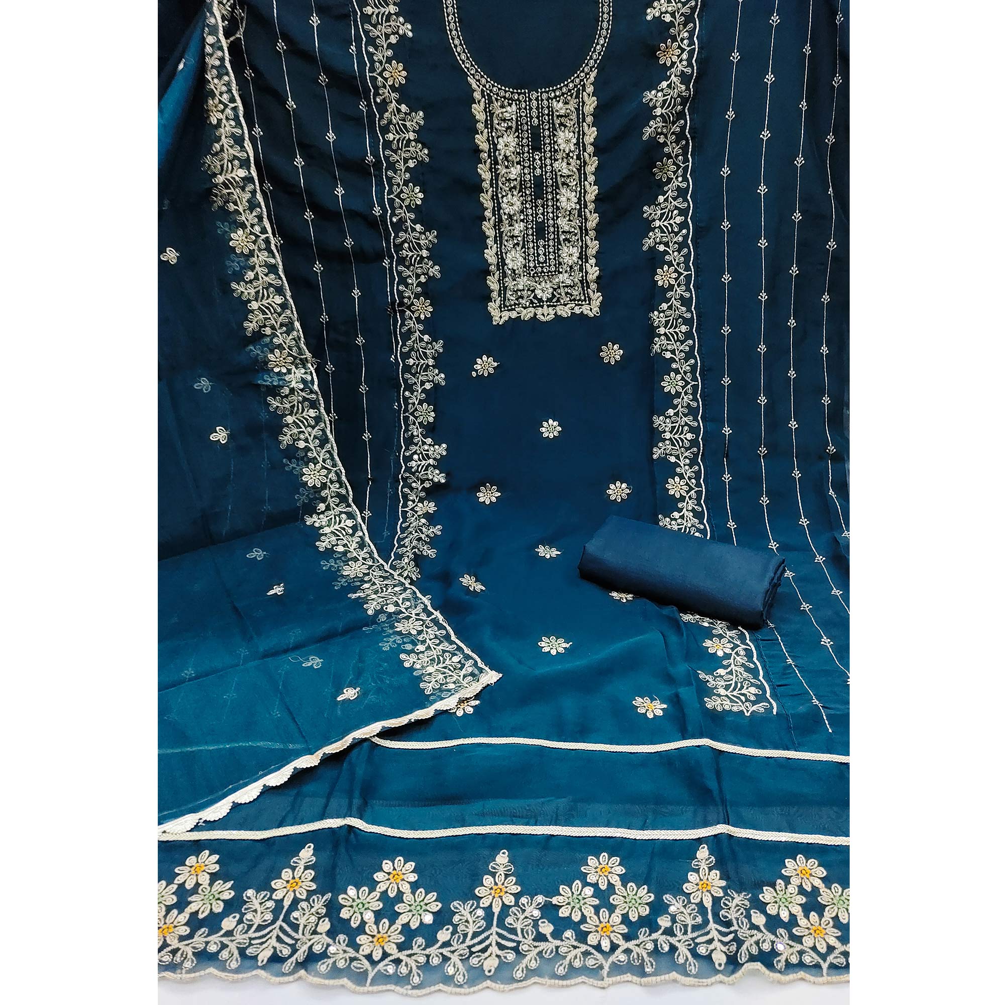 Morpich Floral Handwork Embroidery Viscose Organza Dress Material