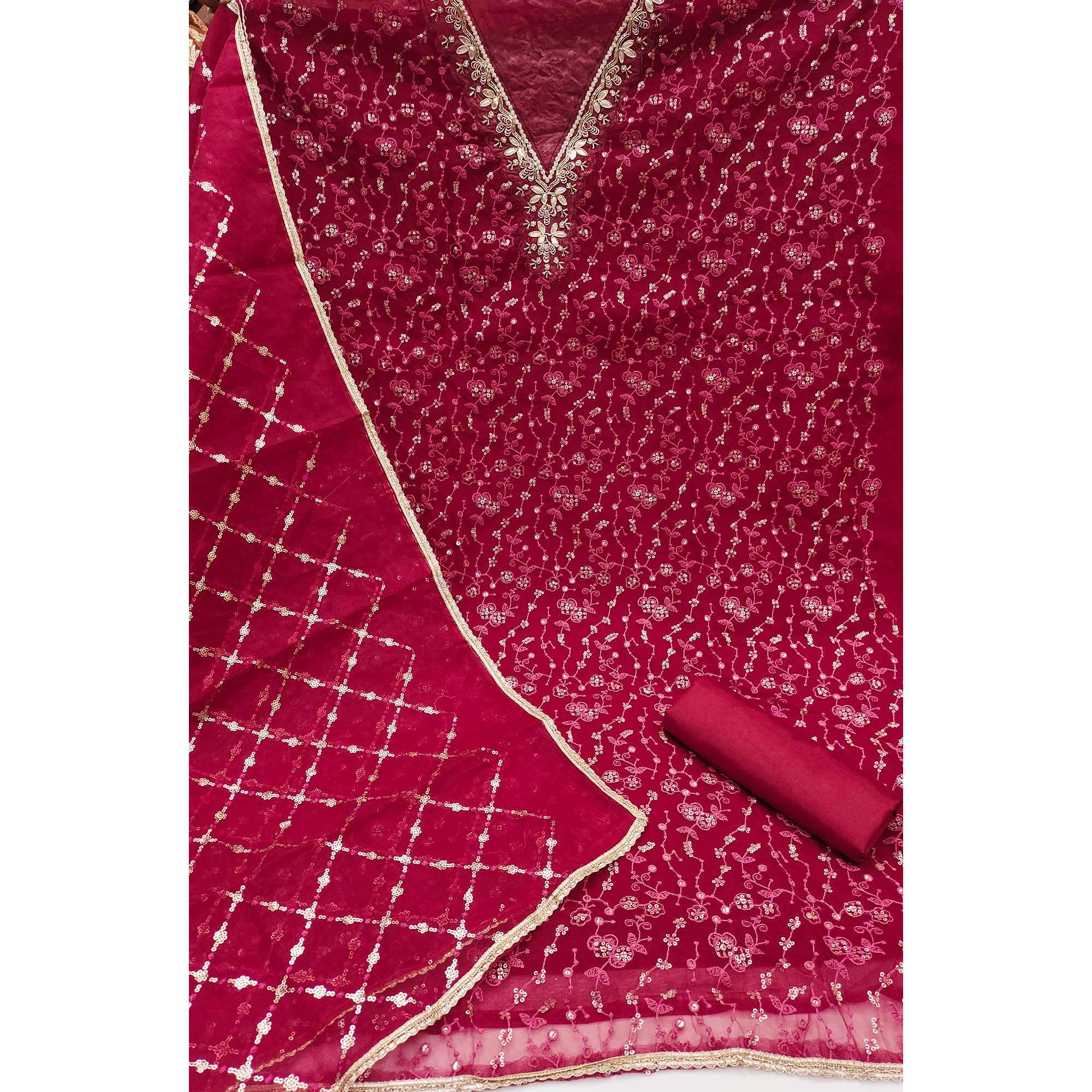 Pink Floral Sequins Embroidery With Handwork Organza Dress Material