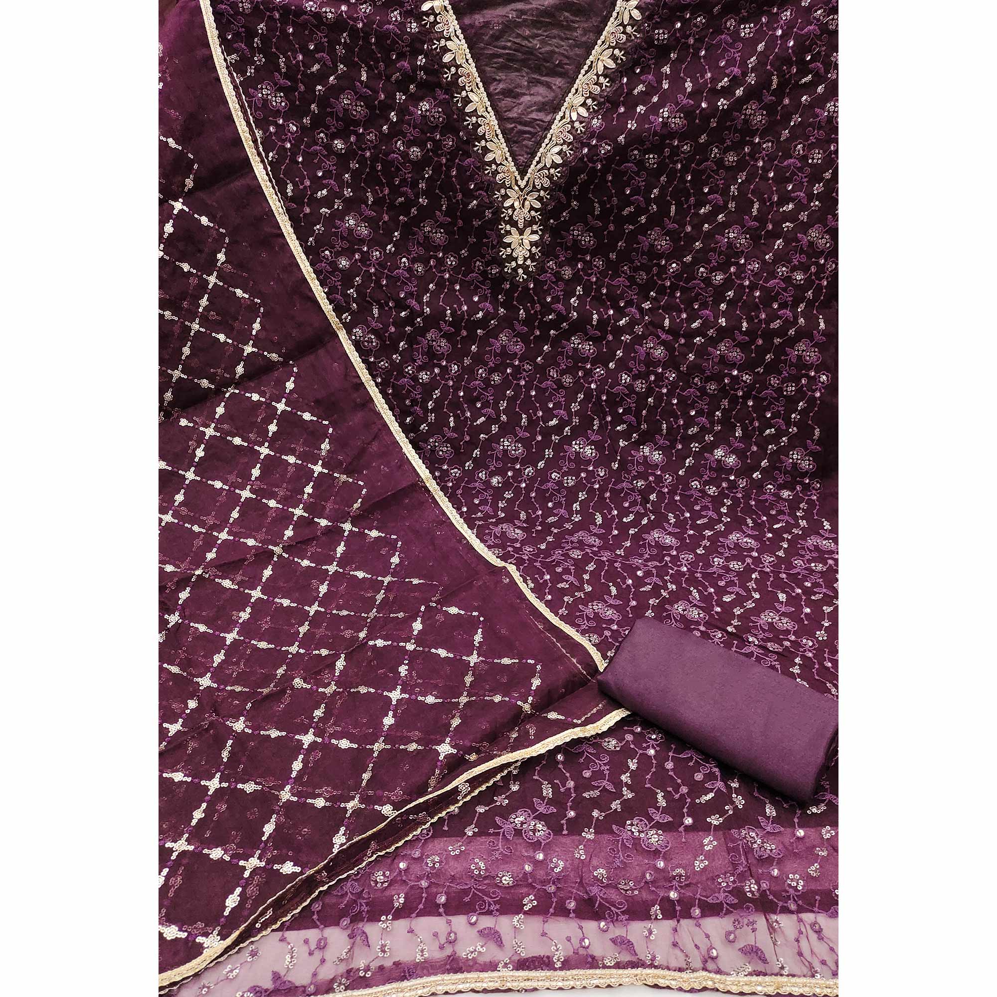 Wine Floral Sequins Embroidery With Handwork Organza Dress Material