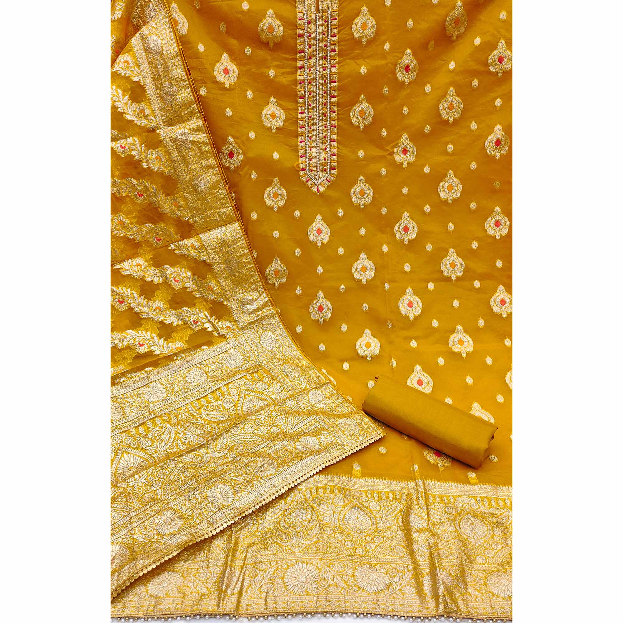 Mustard Woven With Handwork Organza Banarasi Dress Material