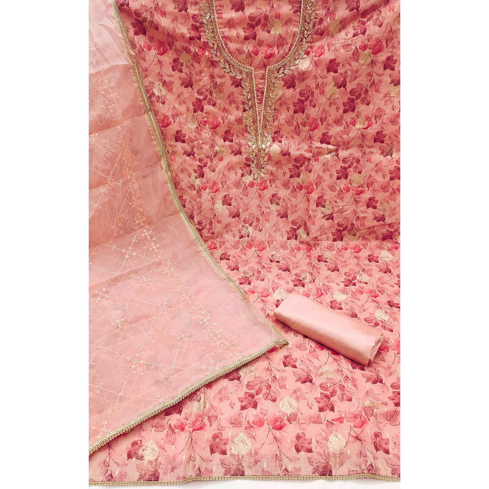 Peach Floral Woven With Handwork Viscose Banarasi Dress Material