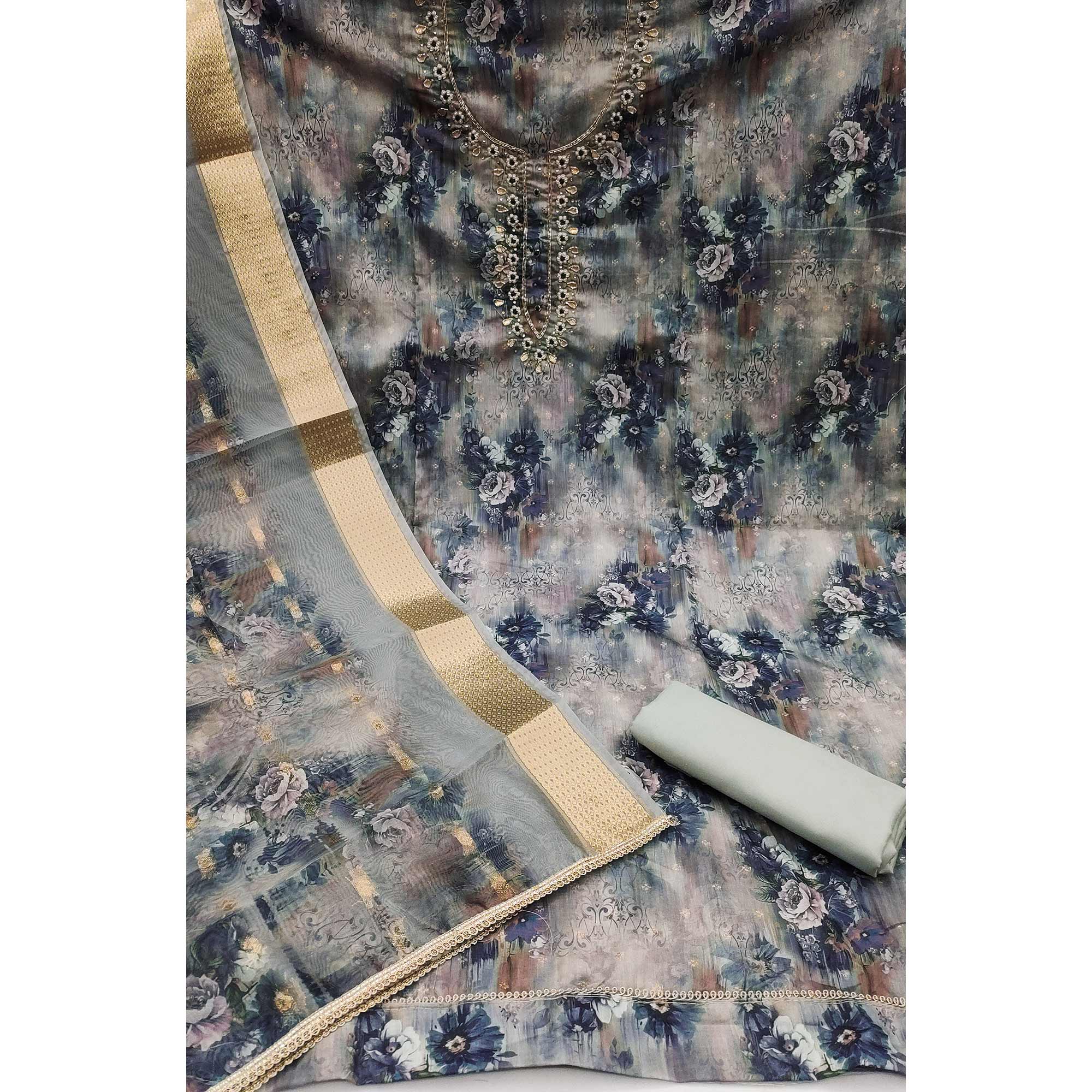 Blue Floral Printed With Handwork Muslin Dress Material