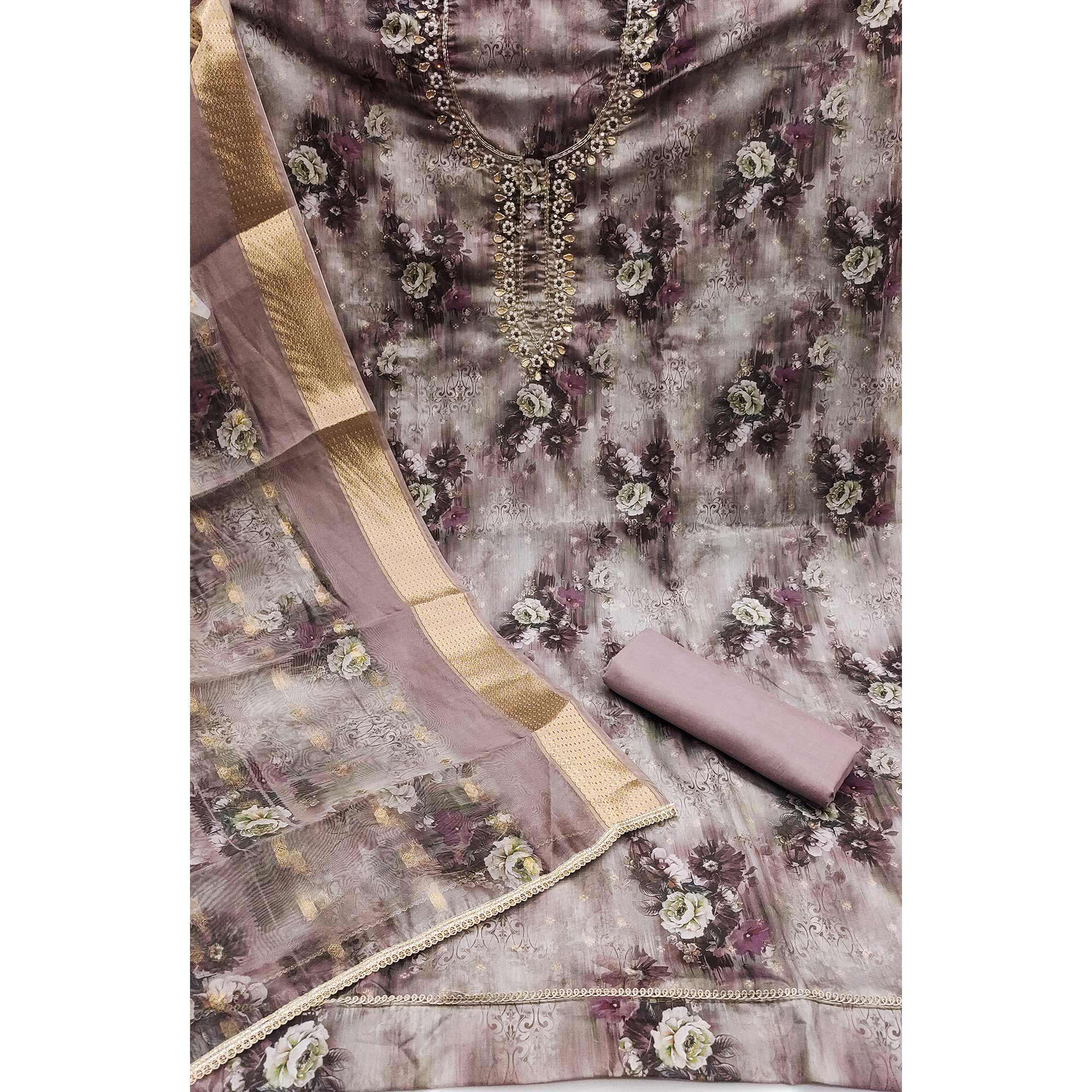 Wine Floral Printed With Handwork Muslin Dress Material