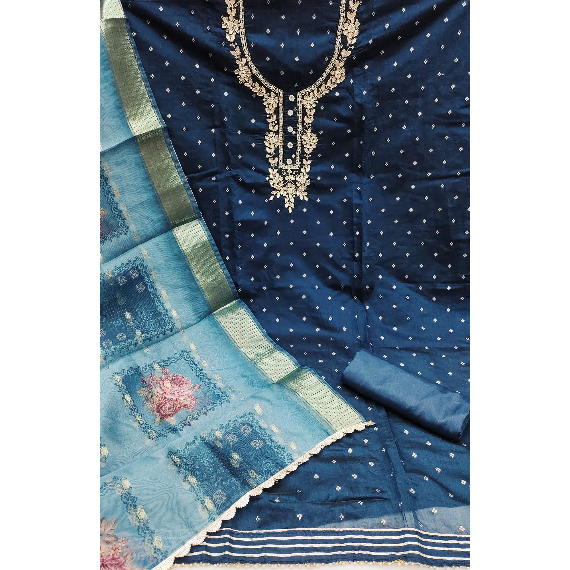 Blue Floral Moti With Gota Patti Handwork Banaarasi Silk Dress Material
