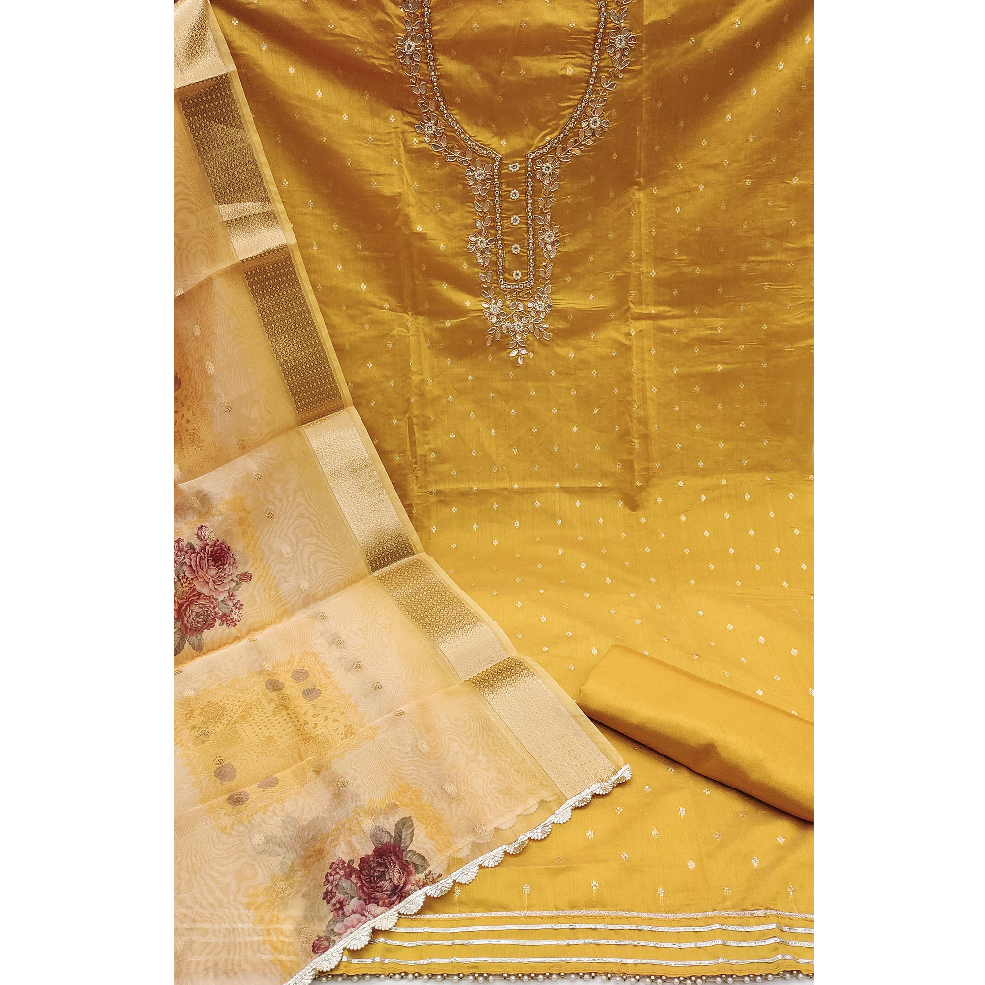 Yellow Floral Moti With Gota Patti Handwork Banaarasi Silk Dress Material
