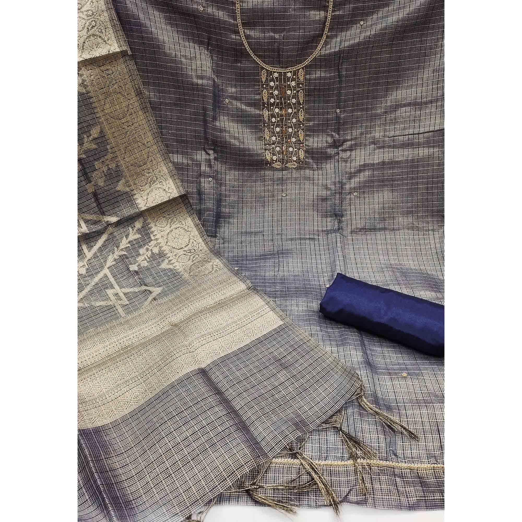 Blue Floral Handwork With Woven Viscose Dress Material