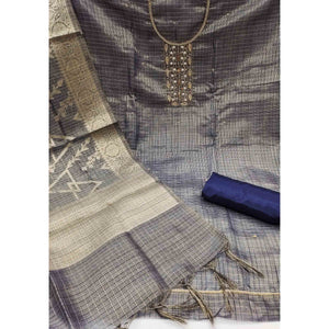Blue Floral Handwork With Woven Viscose Dress Material