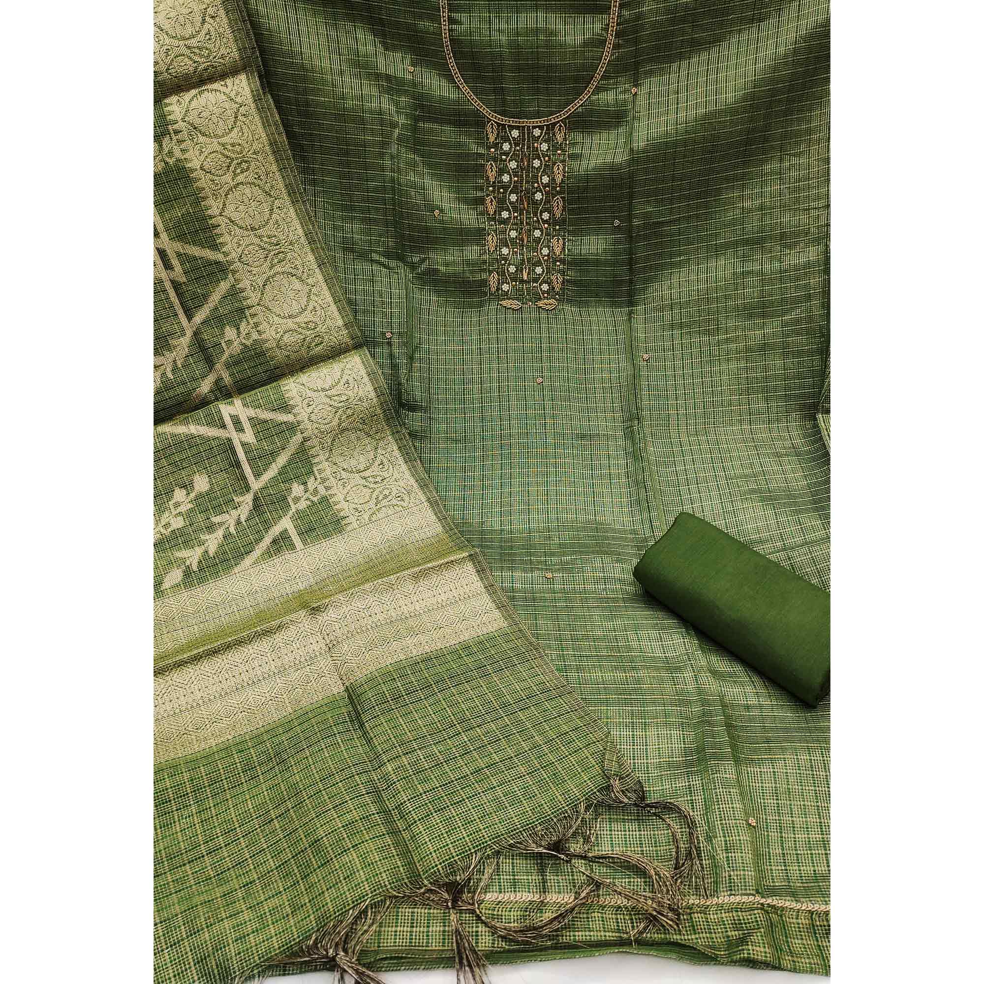 Green Floral Handwork With Woven Viscose Dress Material