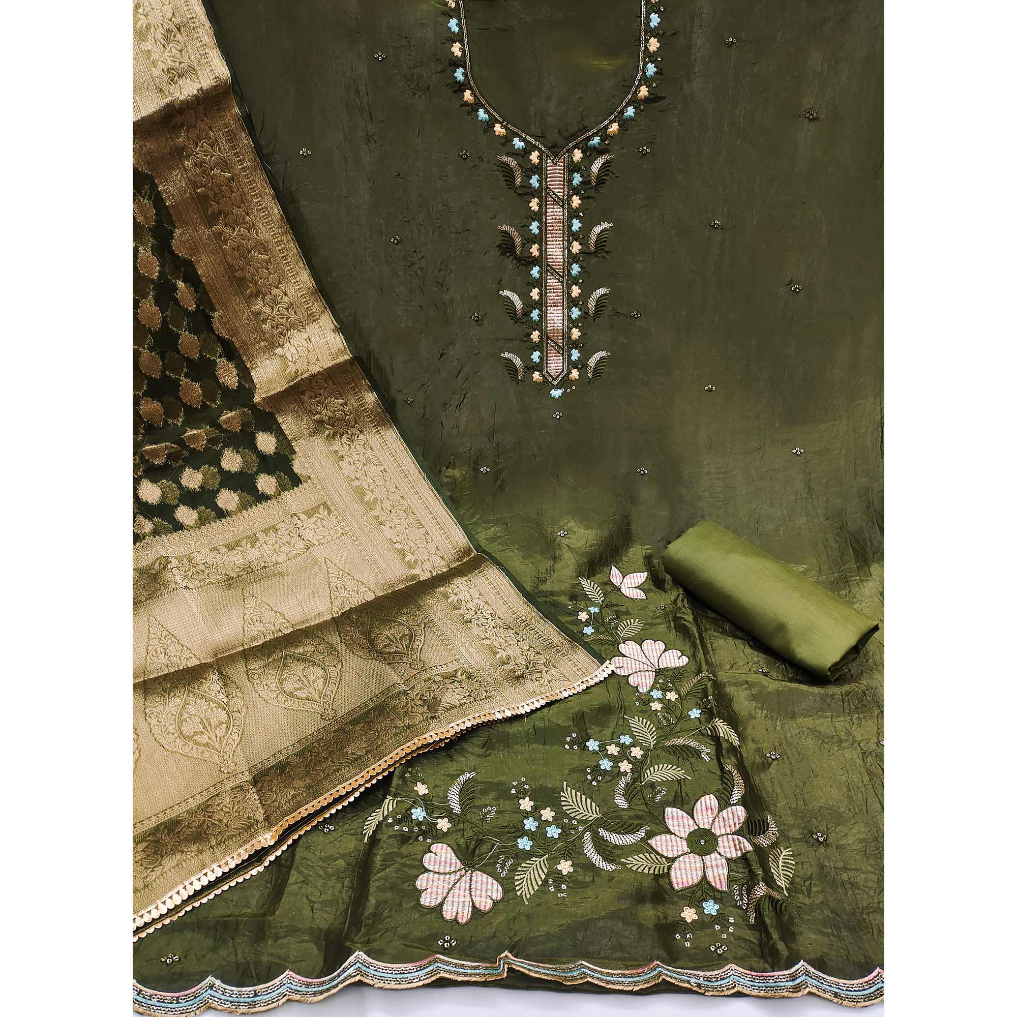 Green Floral Sequins Embroidered Viscose Dress Material