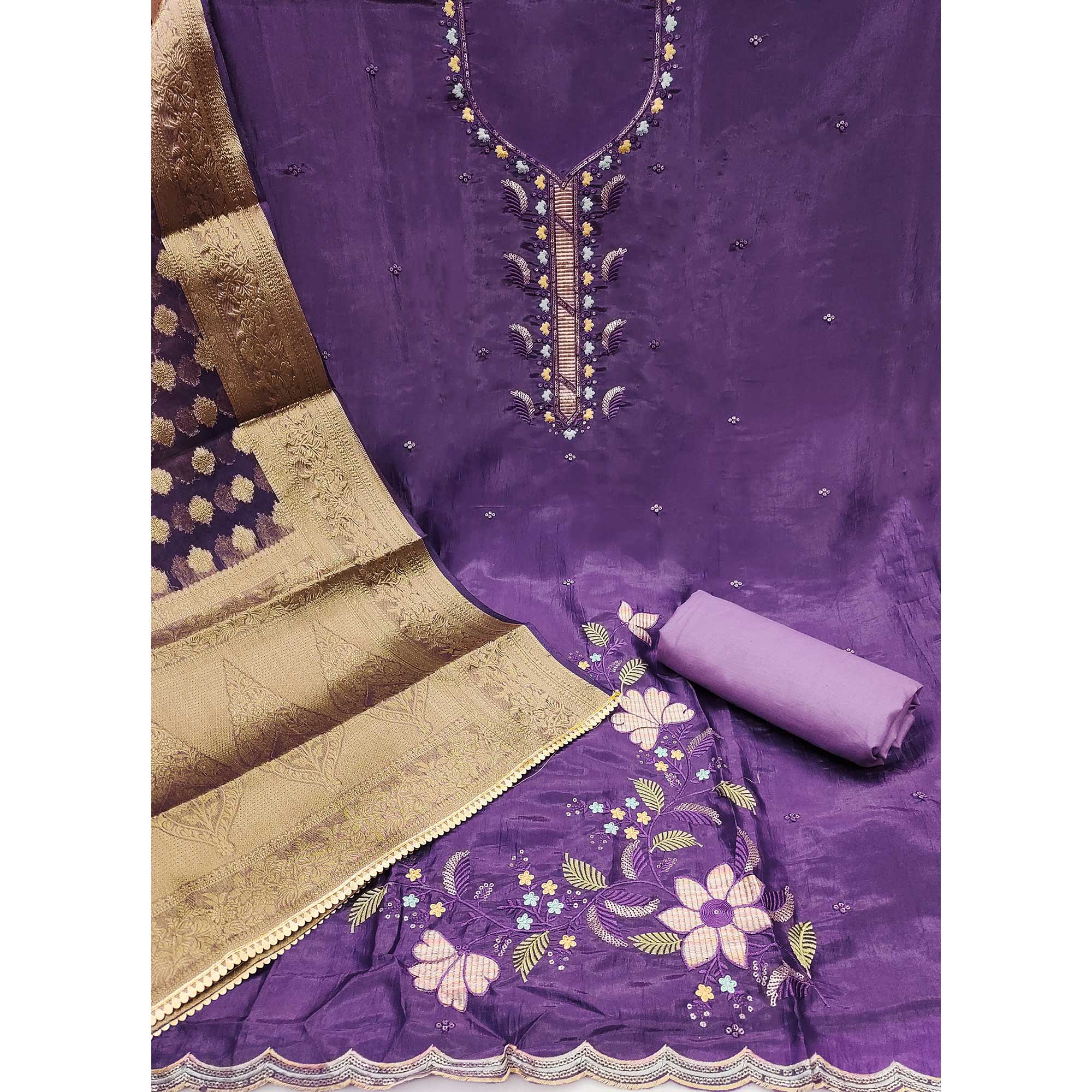 Violet Floral Sequins Embroidered Viscose Dress Material