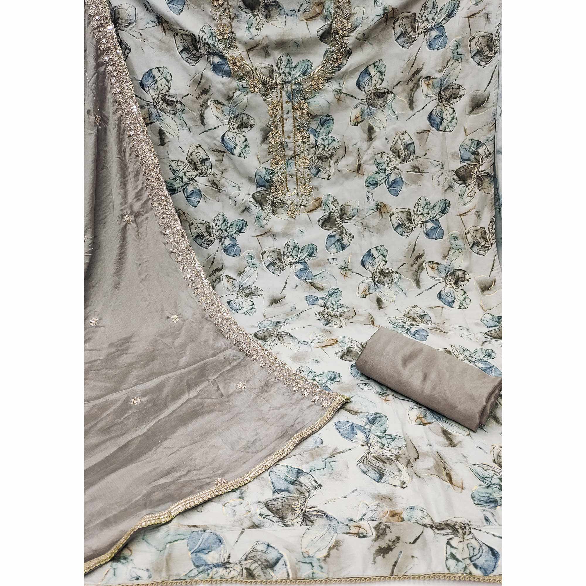 4Grey Floral Printed With Handwork Pure Cotton Dress Material